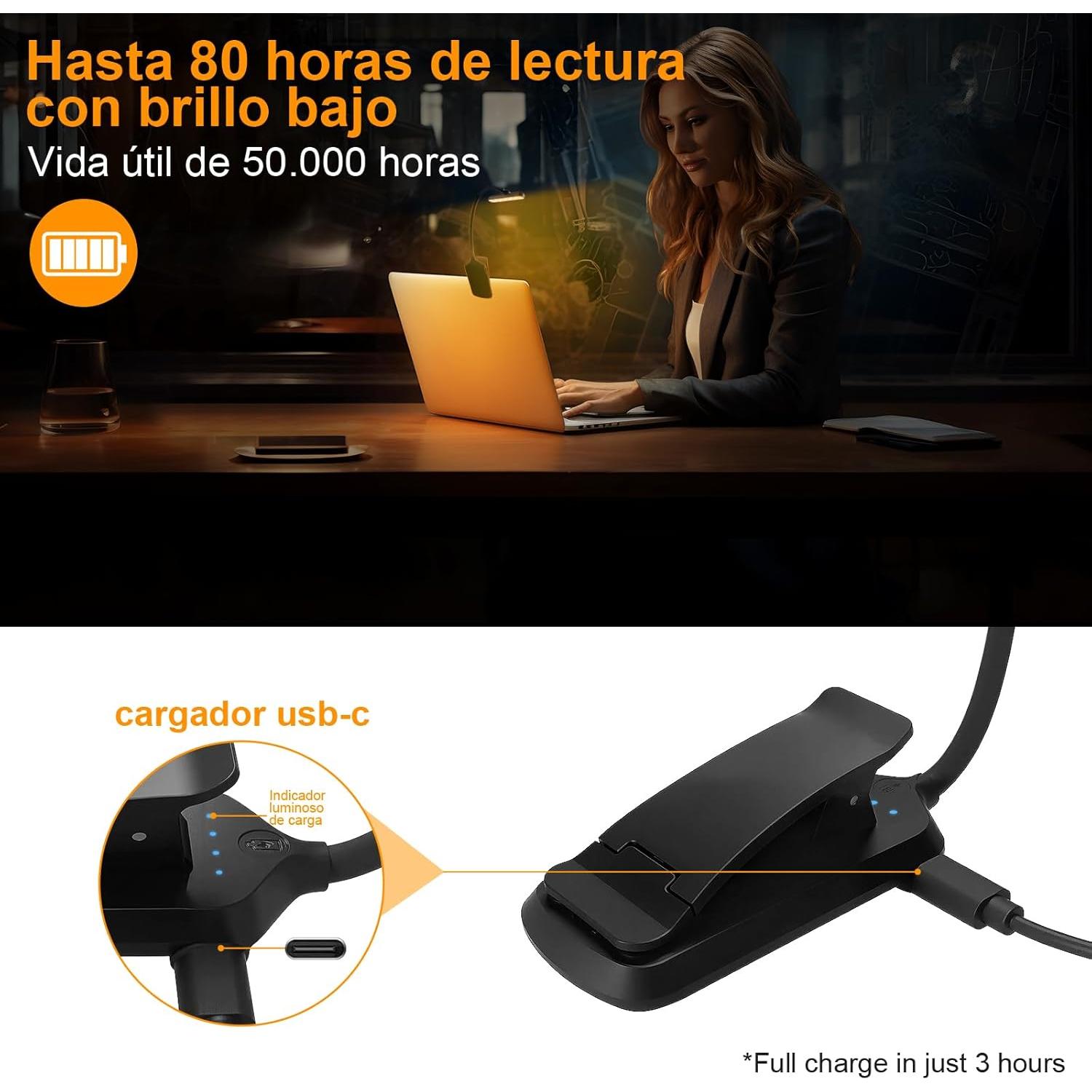 Luz de Lectura Recargable Karidi 24 LED 80H USB-C Negro