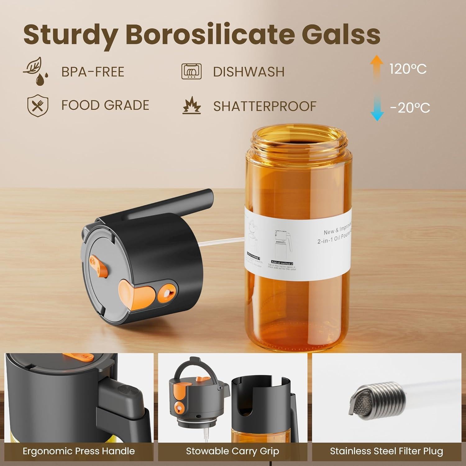 Rociador de Aceite de Oliva LAKUMIQI 500ml 2 en 1 a Prueba de Fugas