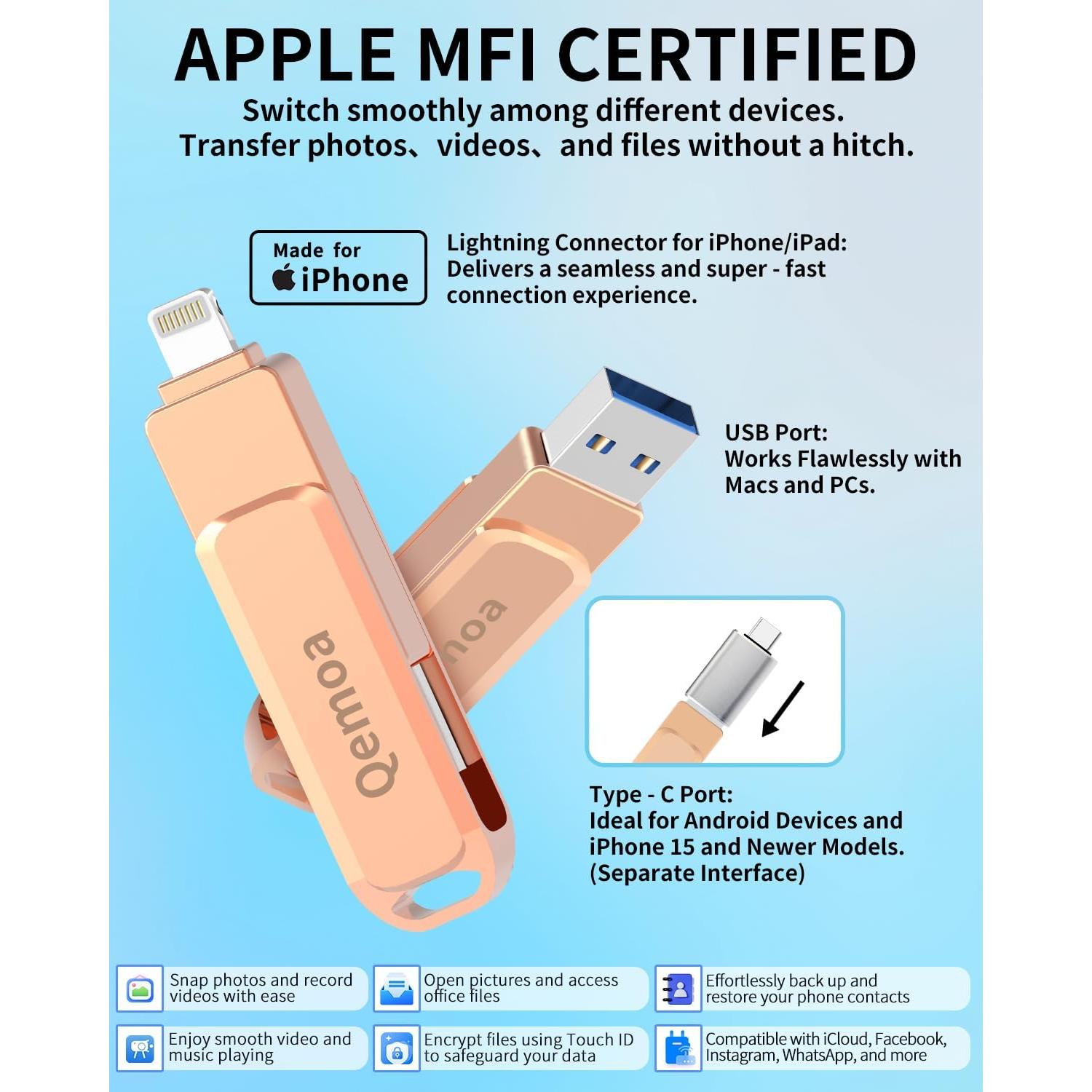 Unidad Flash USB 64GB Qemoa Rosa MFi para iPhone/iPad/Android