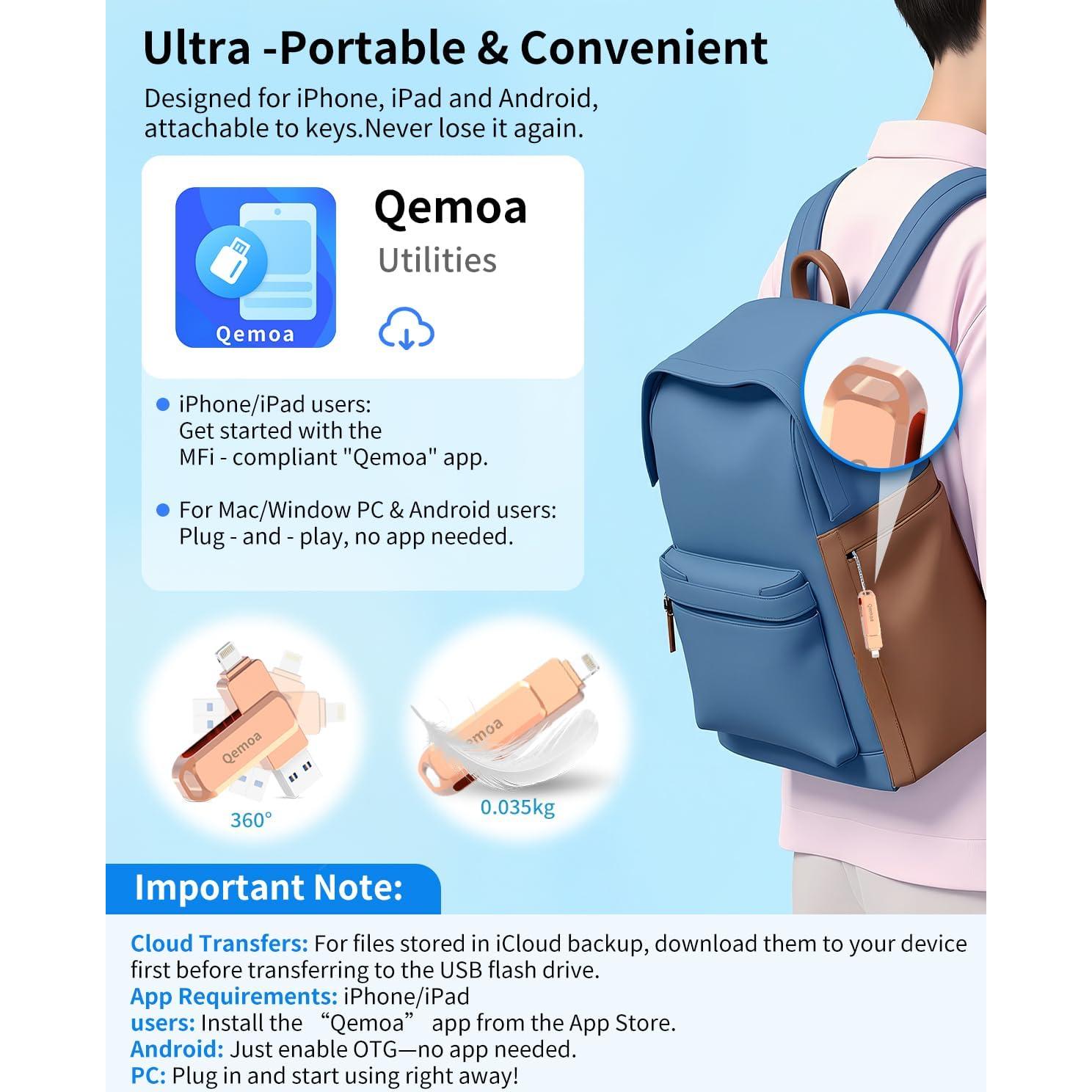 Unidad Flash USB 64GB Qemoa Rosa MFi para iPhone/iPad/Android