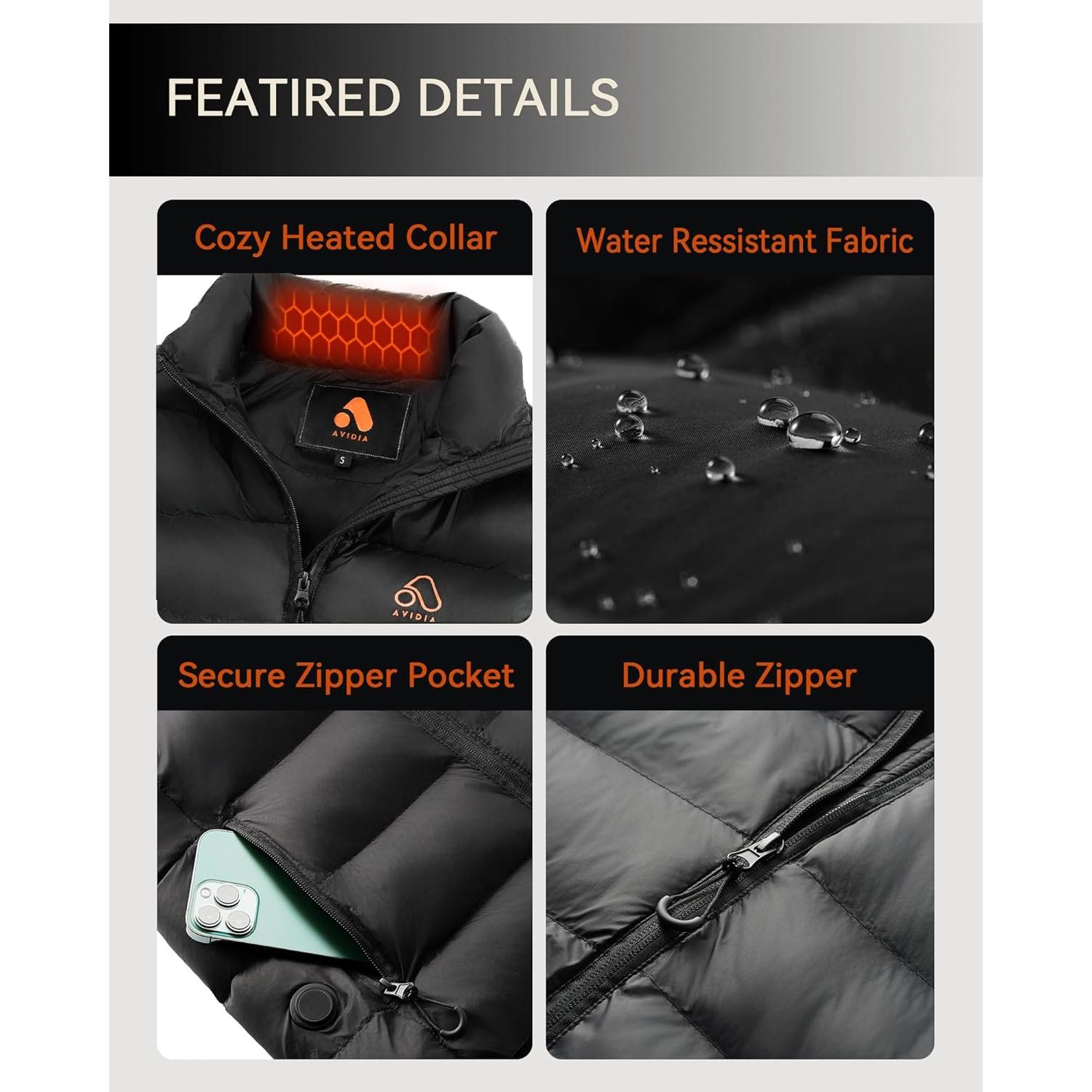 Chaleco Calentado AVIDIA para Hombres, Batería Recargable, Negro