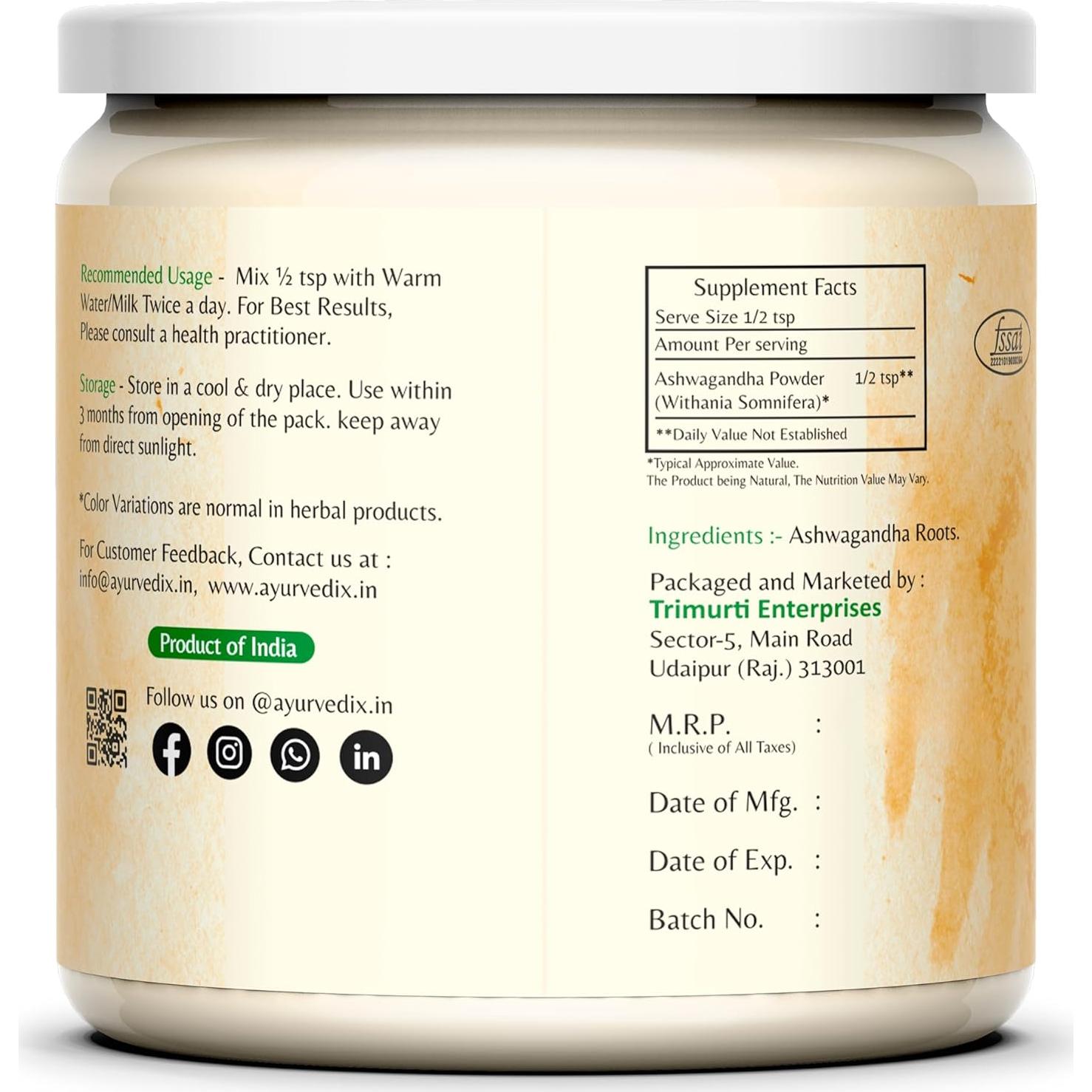 Polvo de Raíz de Ashwagandha Orgánico Ayurvedix 150g