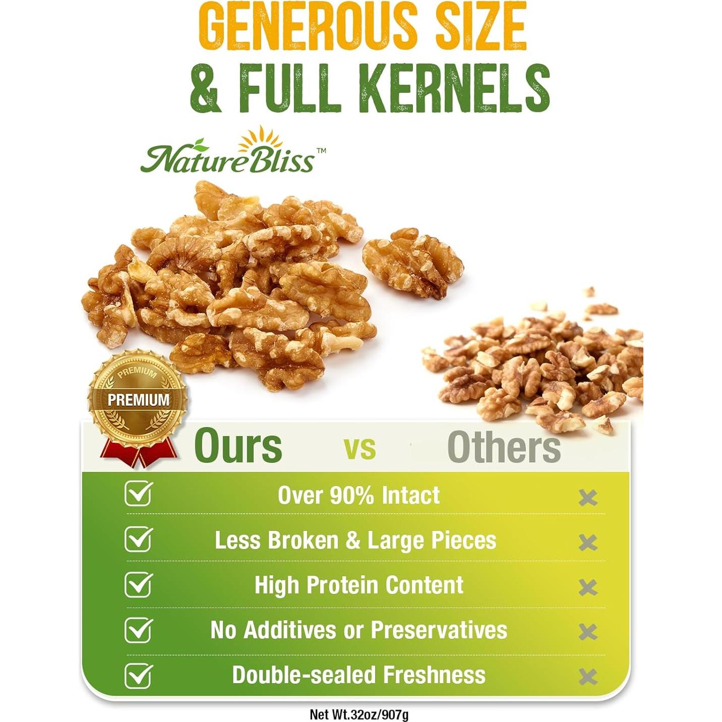 Nueces Crudas Premium NatureBliss 907g Sin Sal 90% Mitades