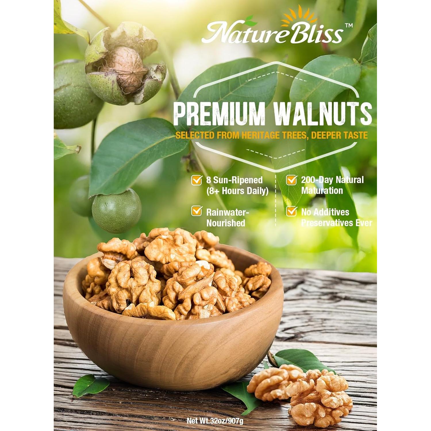Nueces Crudas Premium NatureBliss 907g Sin Sal 90% Mitades