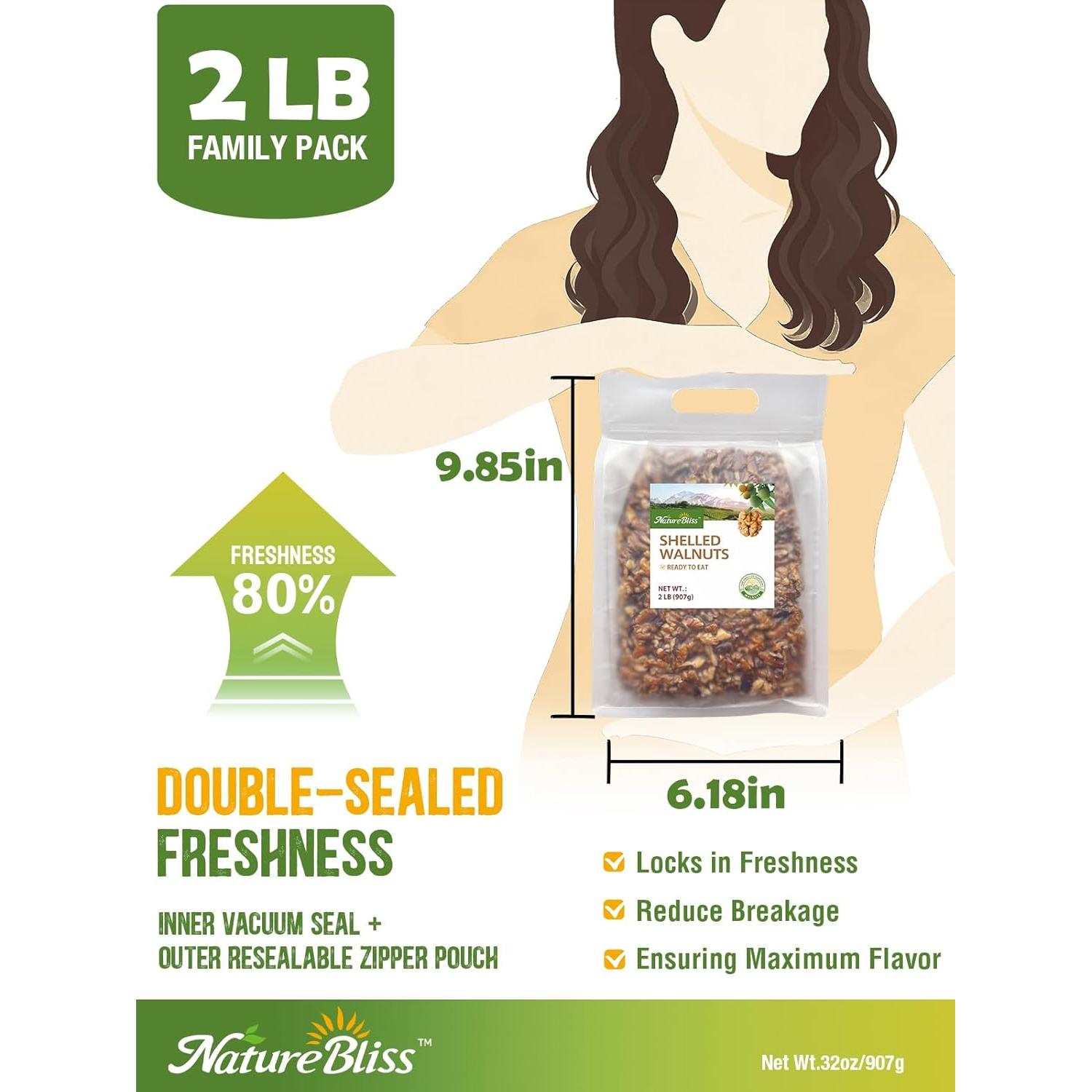 Nueces Crudas Premium NatureBliss 907g Sin Sal 90% Mitades