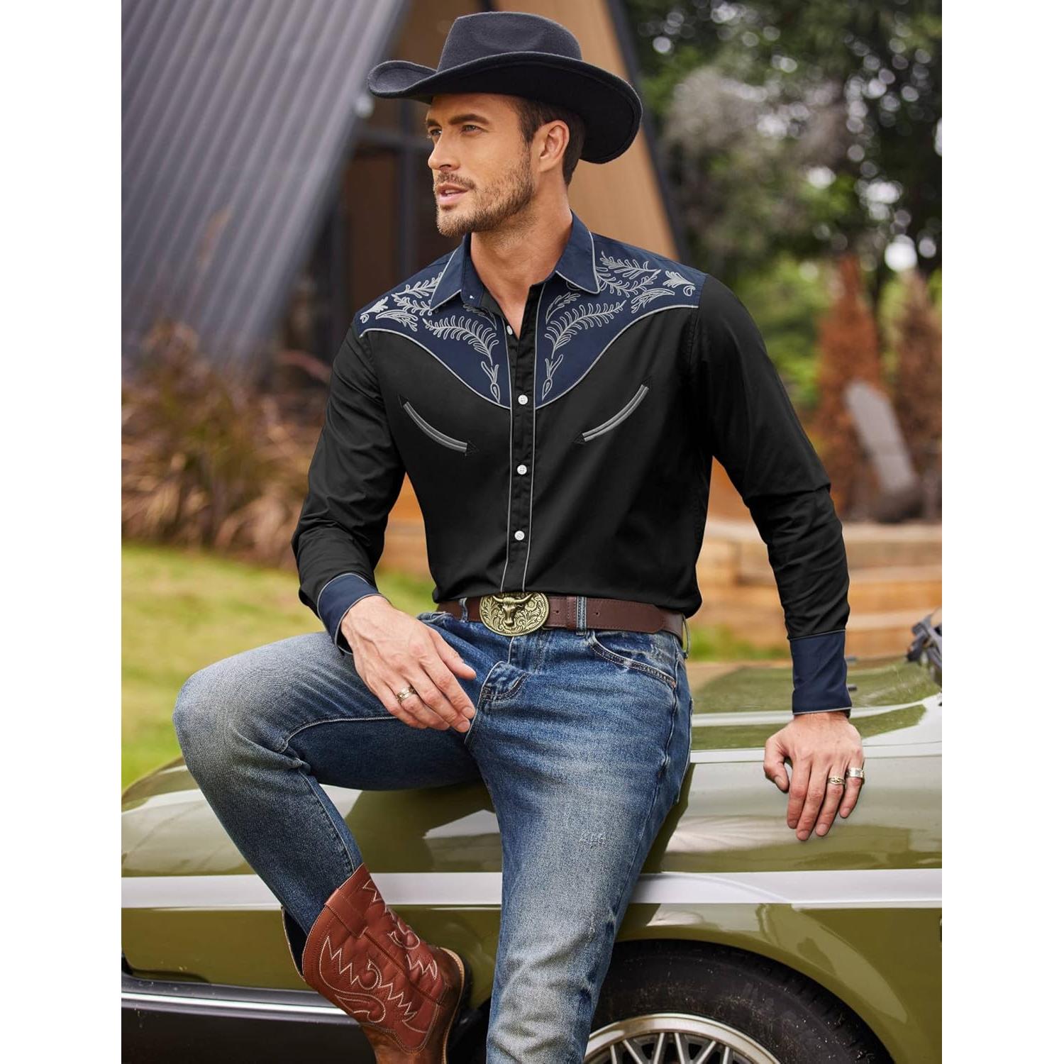 Camisa de Vaquero Bordada COOFANDY para Hombre - Negro