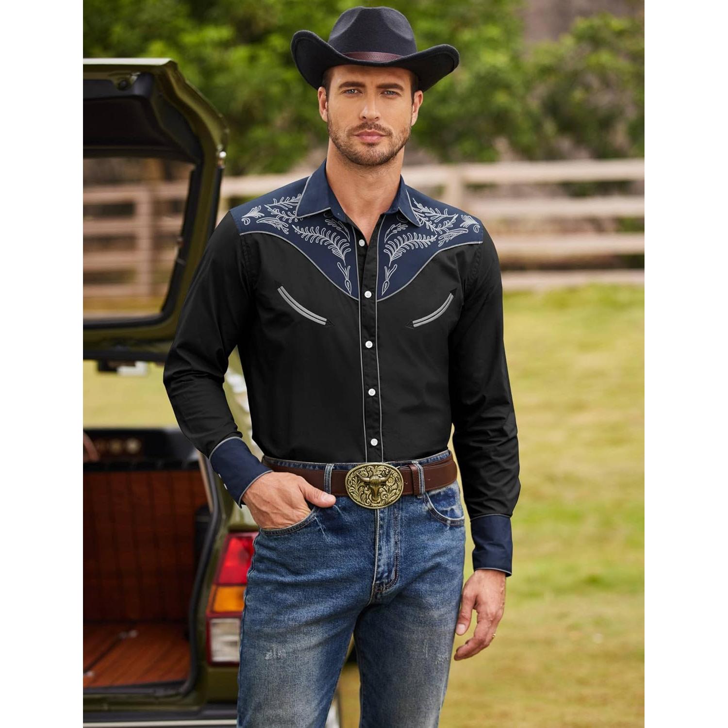 Camisa de Vaquero Bordada COOFANDY para Hombre - Negro