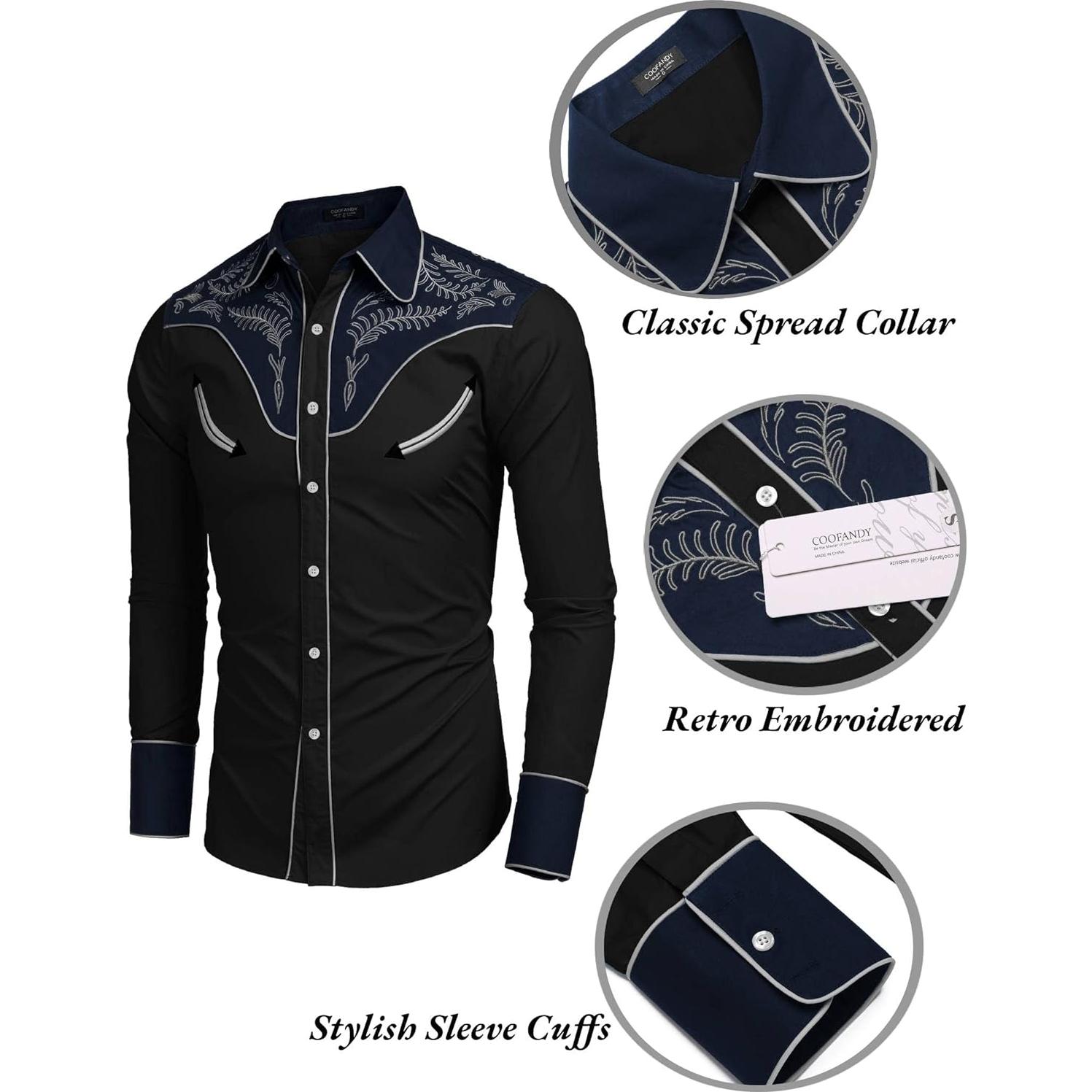 Camisa de Vaquero Bordada COOFANDY para Hombre - Negro
