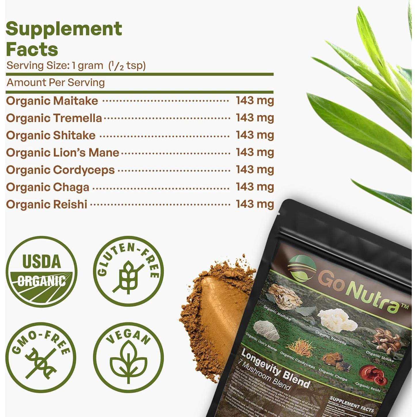 Suplemento Orgánico de 7 Hongos Go Nutra 113.4 g Vegano