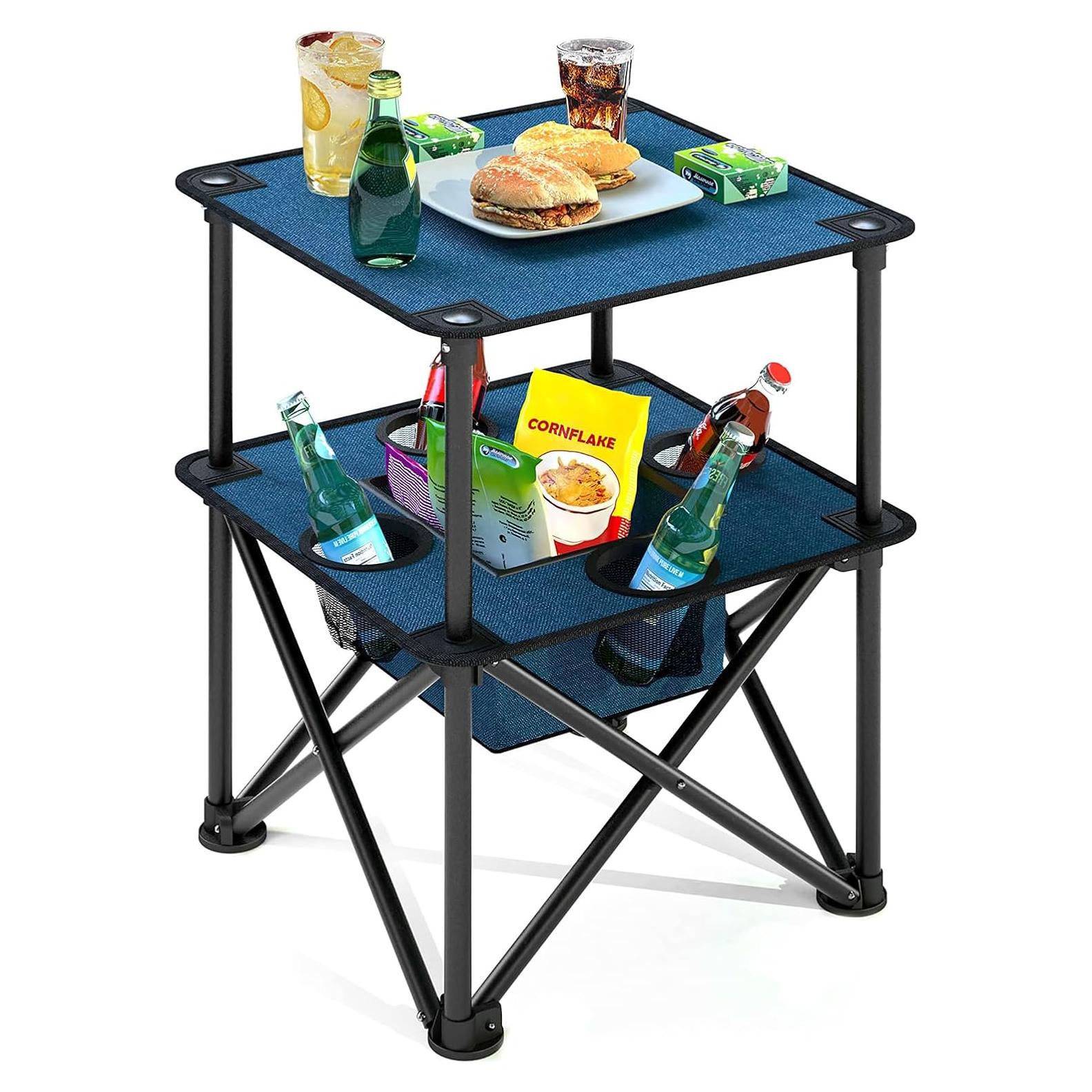 Folding Camping Table, Portable Outdoor Picnic Table, Lightweight Square Camp Table with Built-in 4 Cup Holders Food Basket and Travel Bag for Barbeque Beach Camping and Tailgate Blue