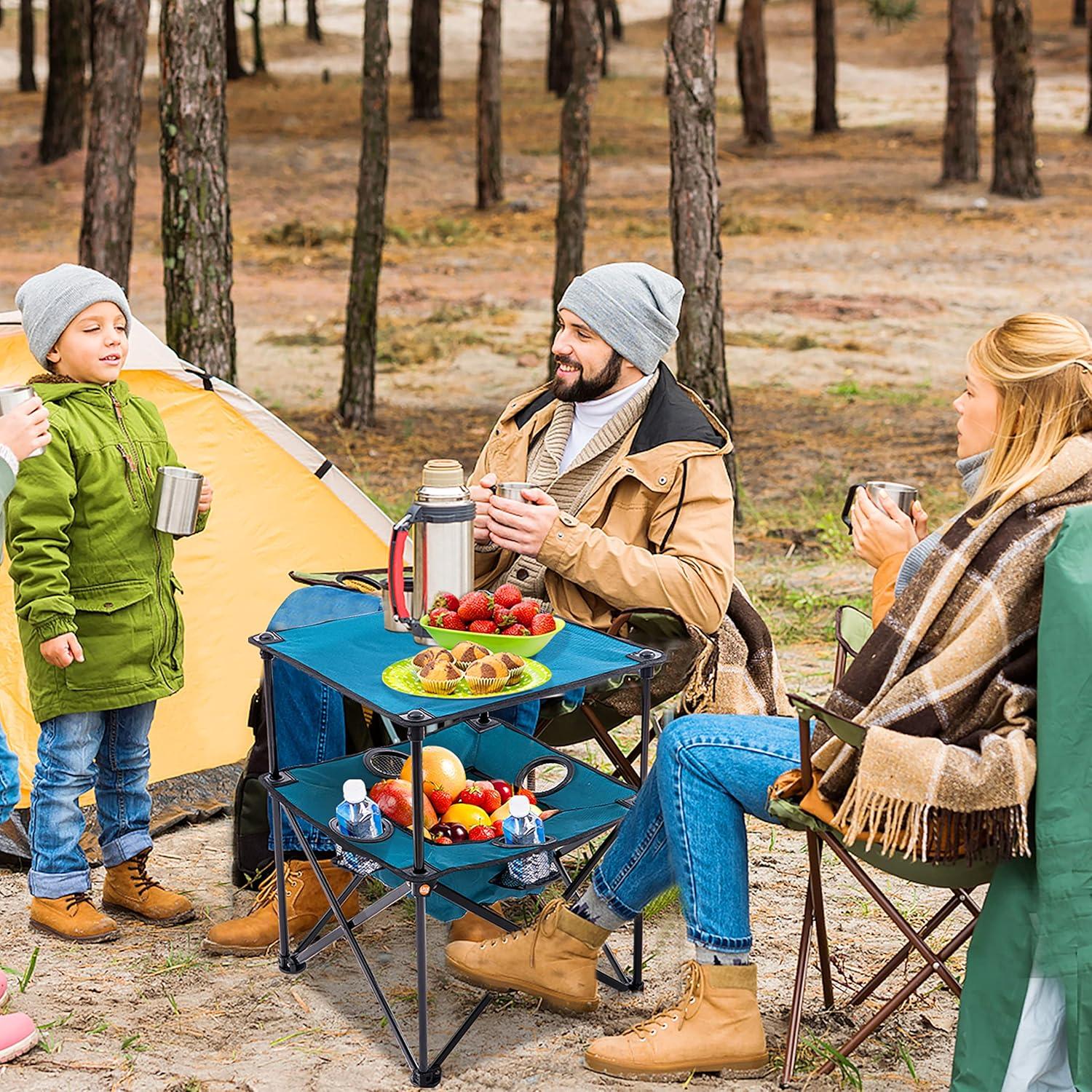 Folding Camping Table, Portable Outdoor Picnic Table, Lightweight Square Camp Table with Built-in 4 Cup Holders Food Basket and Travel Bag for Barbeque Beach Camping and Tailgate Blue