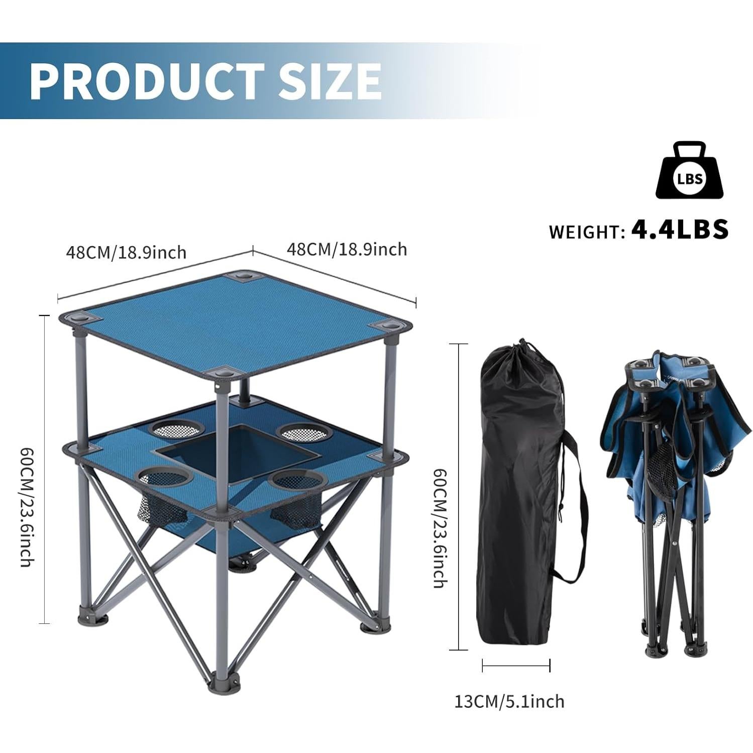Folding Camping Table, Portable Outdoor Picnic Table, Lightweight Square Camp Table with Built-in 4 Cup Holders Food Basket and Travel Bag for Barbeque Beach Camping and Tailgate Blue