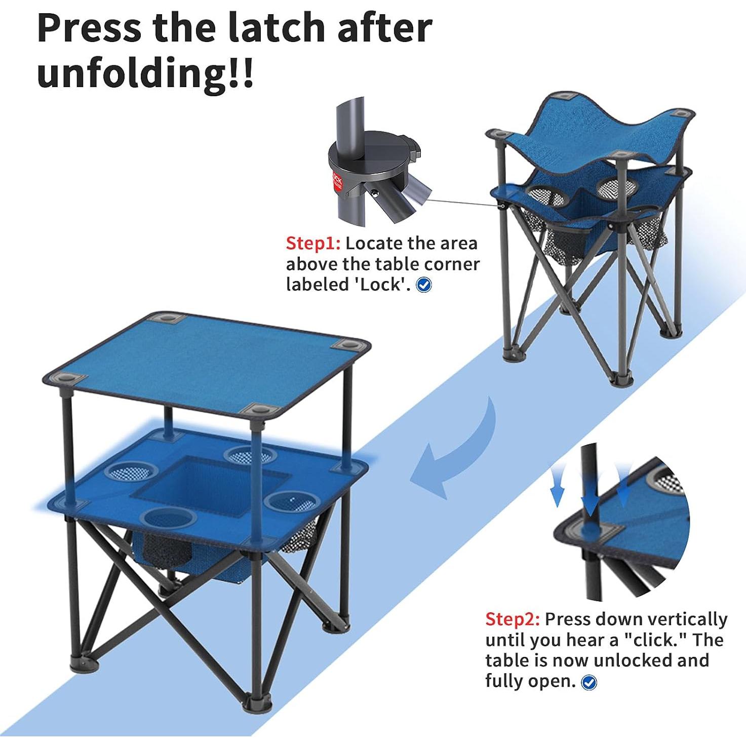 Folding Camping Table, Portable Outdoor Picnic Table, Lightweight Square Camp Table with Built-in 4 Cup Holders Food Basket and Travel Bag for Barbeque Beach Camping and Tailgate Blue
