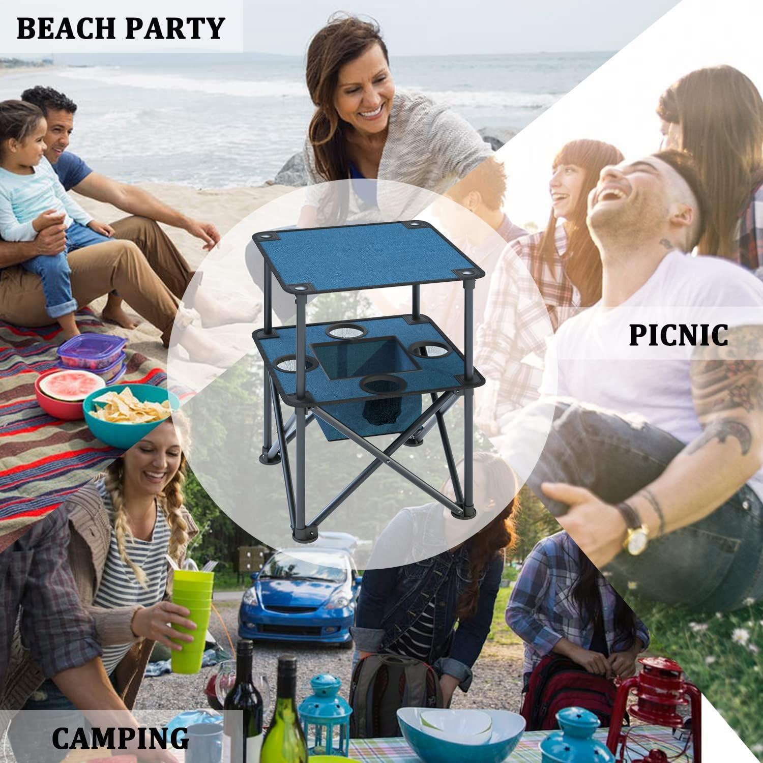 Folding Camping Table, Portable Outdoor Picnic Table, Lightweight Square Camp Table with Built-in 4 Cup Holders Food Basket and Travel Bag for Barbeque Beach Camping and Tailgate Blue