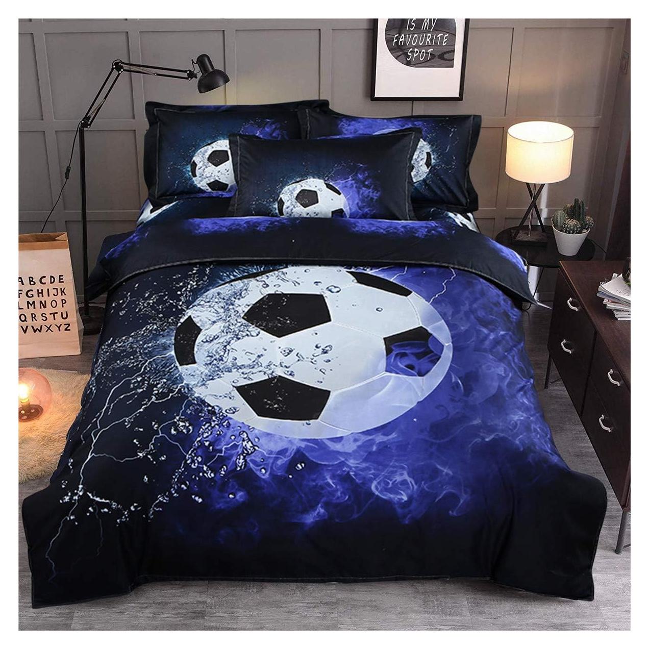 Juego de Funda de Edredón Queen WONGS Azul Fútbol 3D 3 Piezas