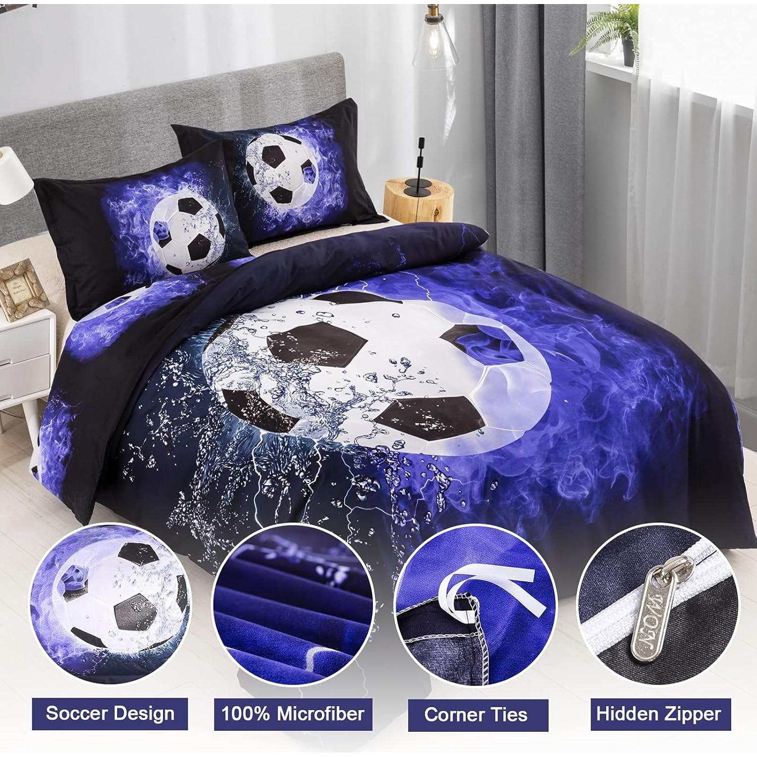Juego de Funda de Edredón Queen WONGS Azul Fútbol 3D 3 Piezas