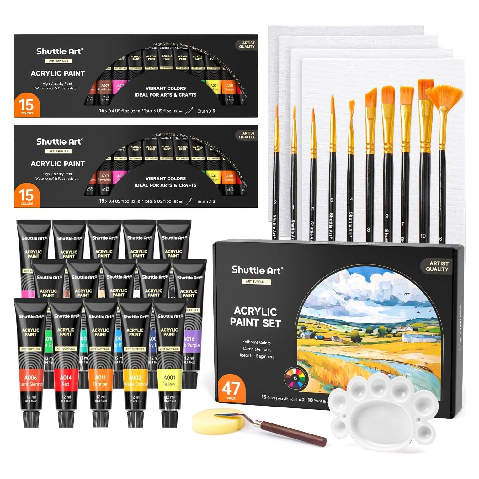 Juego de Pintura Acrílica 47 Piezas Shuttle Art 15 Colores 12ml