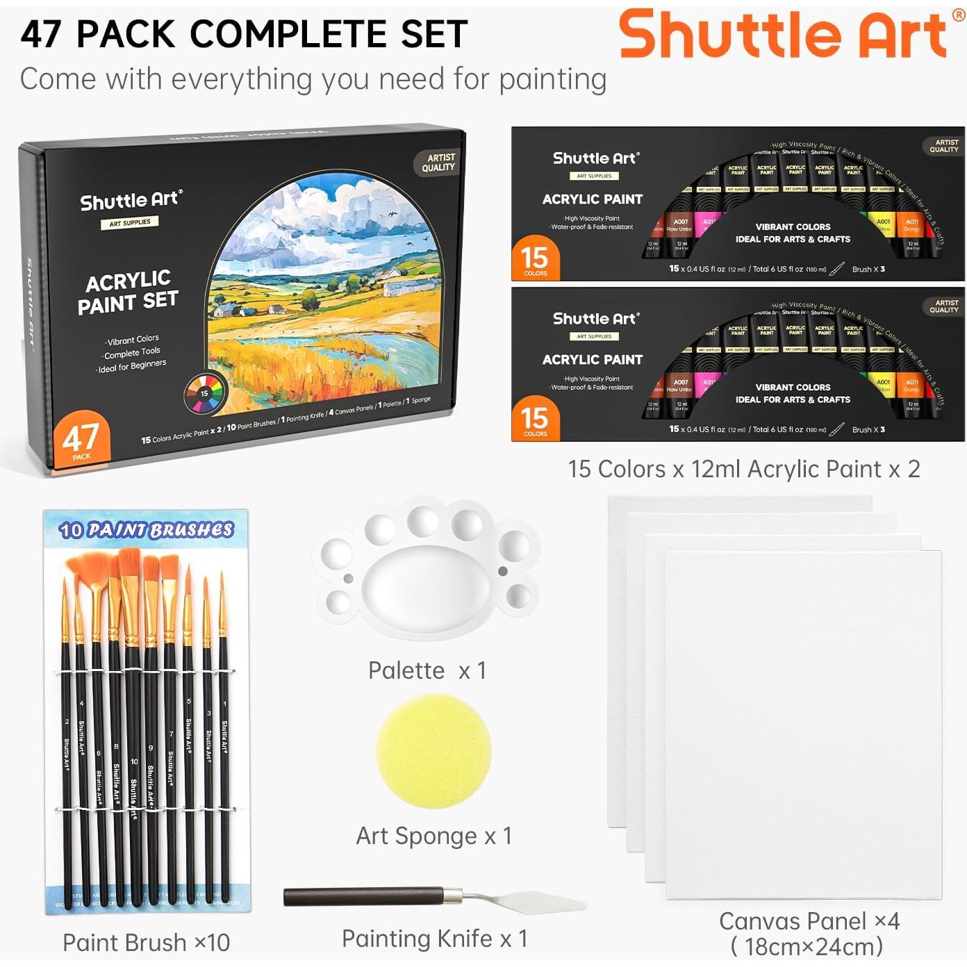 Juego de Pintura Acrílica 47 Piezas Shuttle Art 15 Colores 12ml