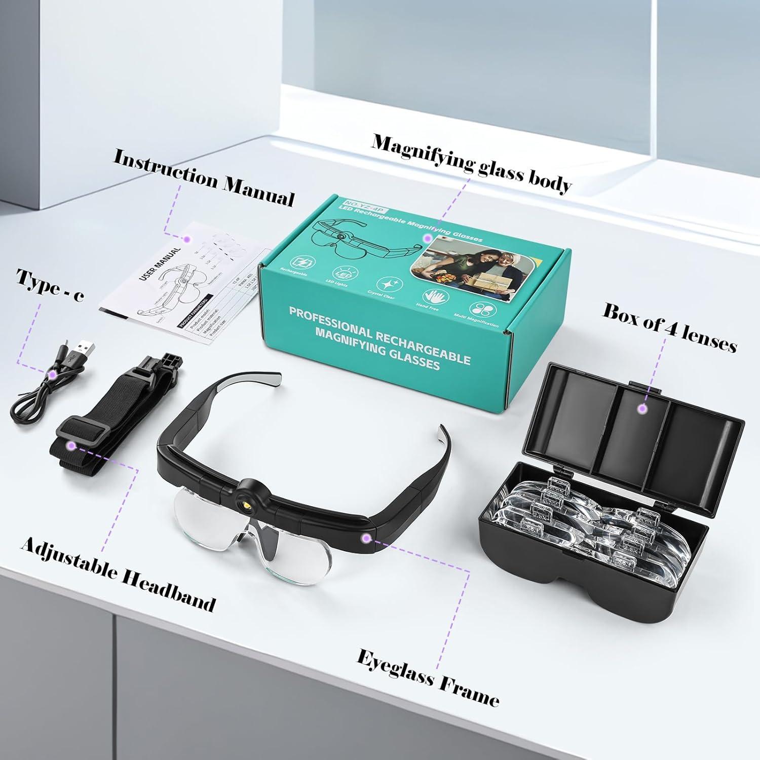 Lupa de diadema HQGZQL con luz LED 1.5X a 5.0X negra