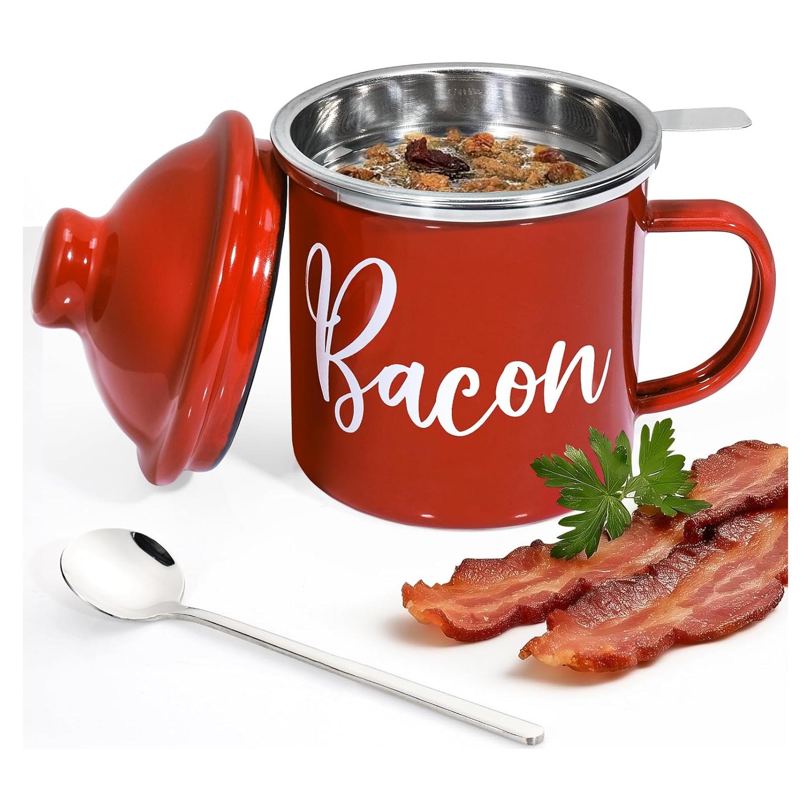 Bacon Grease Saver with Strainer - 15oz Enamel Grease Container, Farmhouse Bacon Grease Keeper For Kitchen Fat Storage, Dishwasher Safe-Red