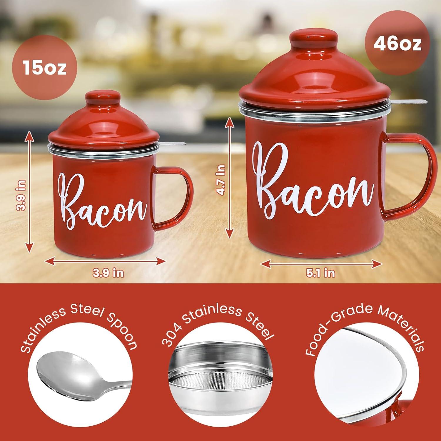 Bacon Grease Saver with Strainer - 15oz Enamel Grease Container, Farmhouse Bacon Grease Keeper For Kitchen Fat Storage, Dishwasher Safe-Red
