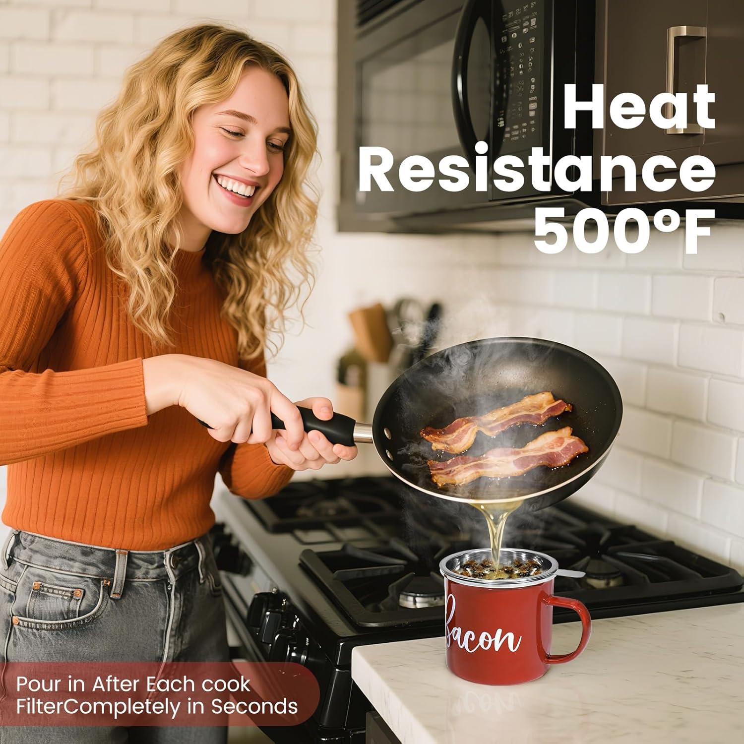 Bacon Grease Saver with Strainer - 15oz Enamel Grease Container, Farmhouse Bacon Grease Keeper For Kitchen Fat Storage, Dishwasher Safe-Red