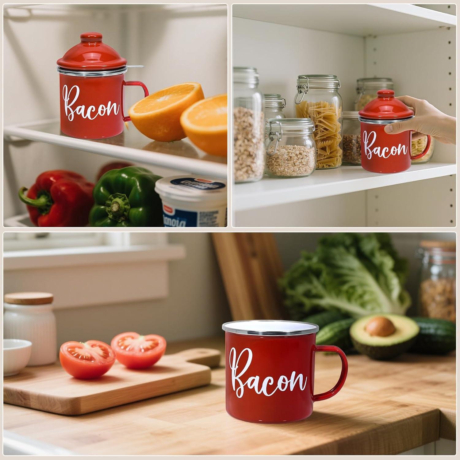 Bacon Grease Saver with Strainer - 15oz Enamel Grease Container, Farmhouse Bacon Grease Keeper For Kitchen Fat Storage, Dishwasher Safe-Red