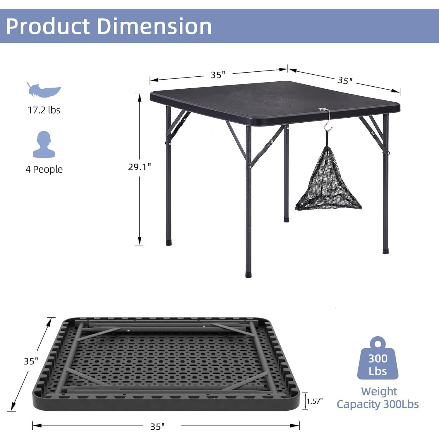 Mesa Plegable Cuadrada VECELO 88.9 cm Negra para 4 Personas