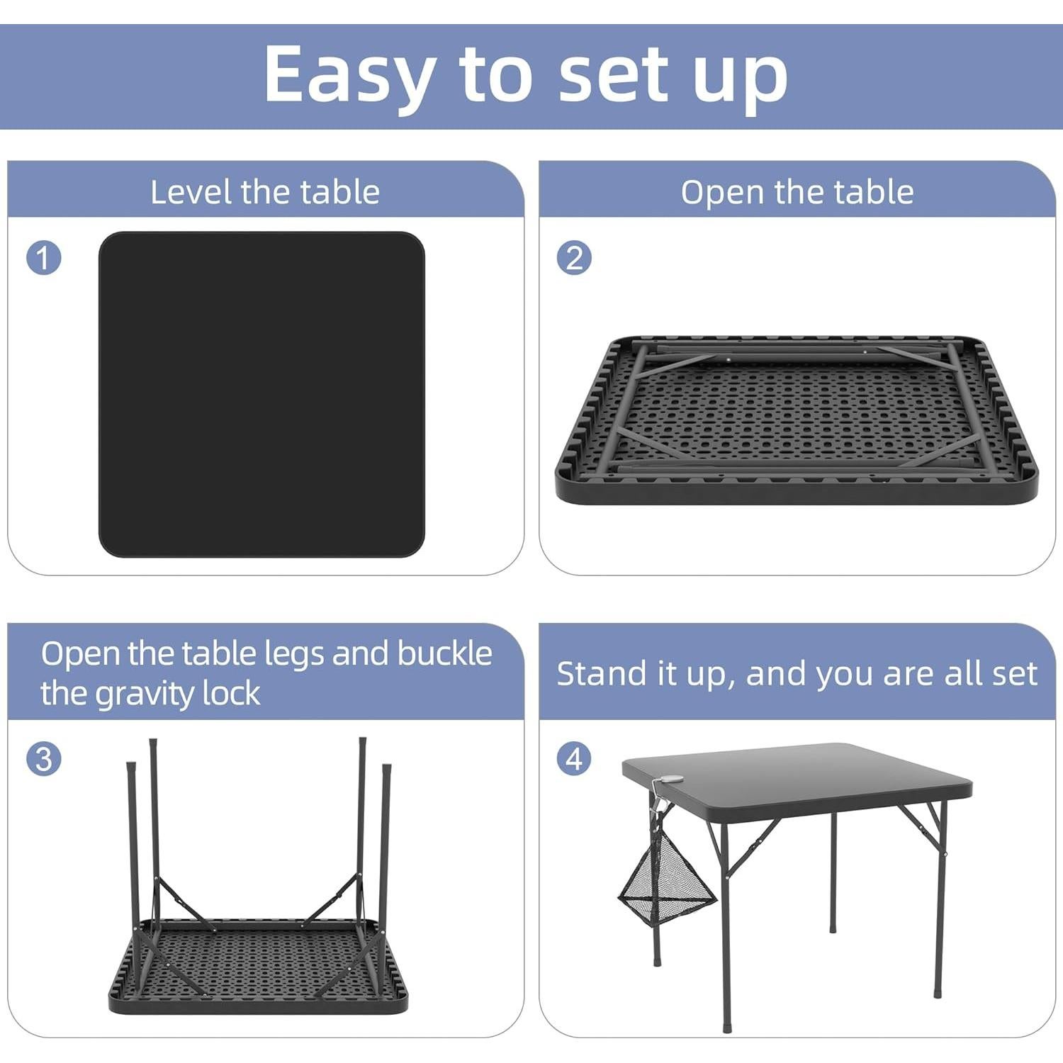 Mesa Plegable Cuadrada VECELO 88.9 cm Negra para 4 Personas