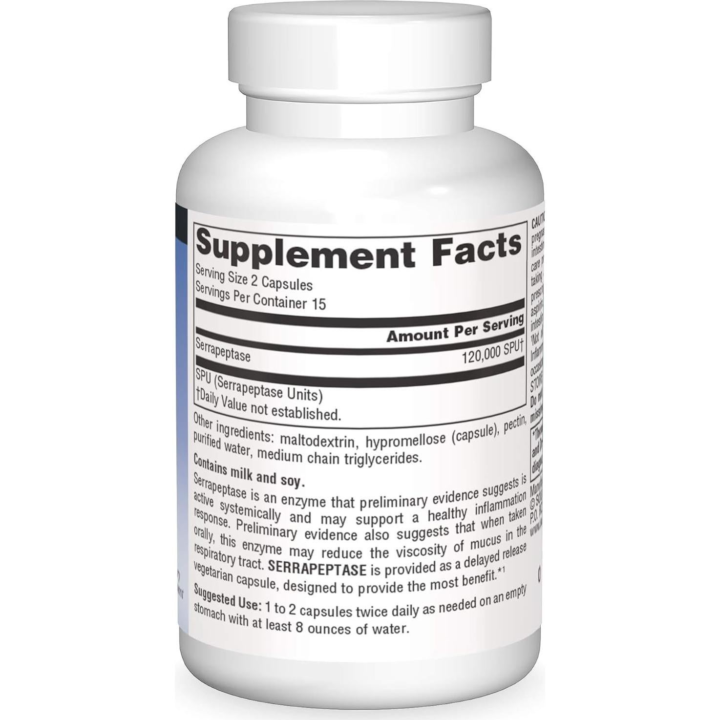 Serrapeptasa Source Naturals - 30 Cápsulas Vegetarianas