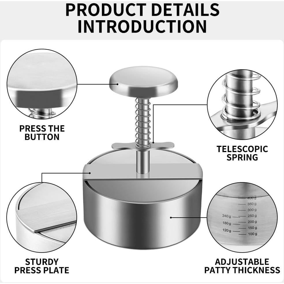 Prensa de Hamburguesas Ajustable Acero Inoxidable 3 Piezas