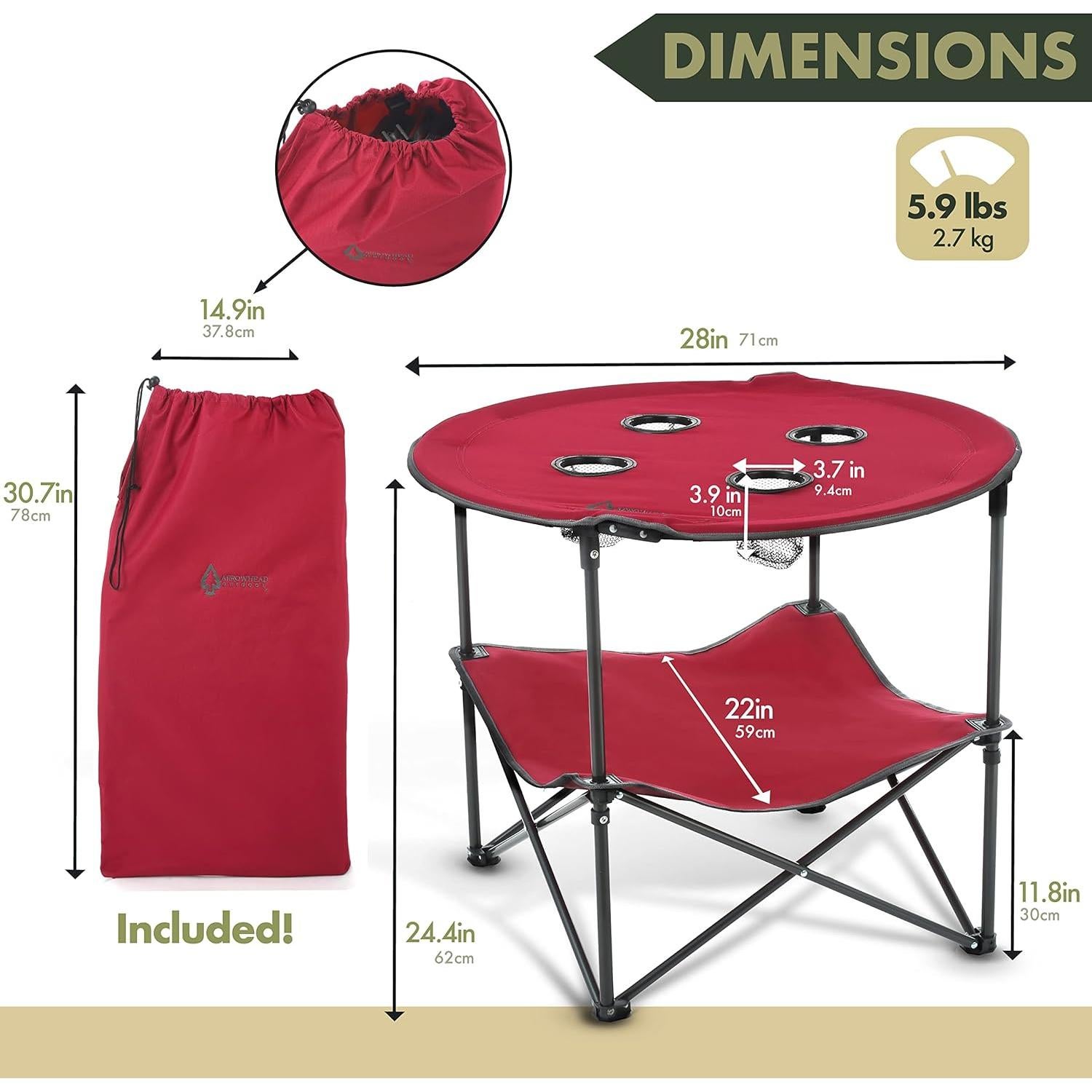 Mesa Plegable Circular ARROWHEAD 71cm 4 Soportes Tazas