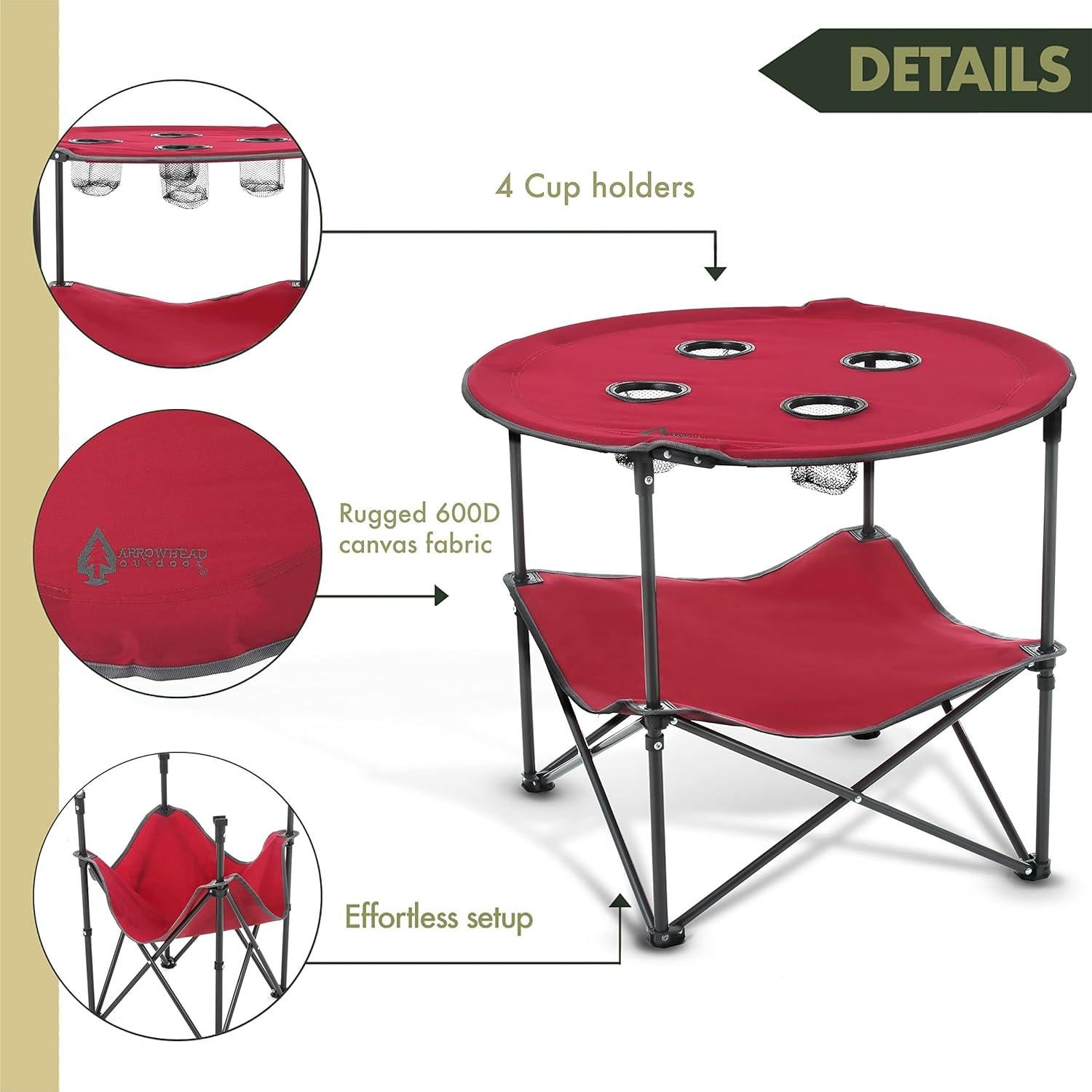 Mesa Plegable Circular ARROWHEAD 71cm 4 Soportes Tazas