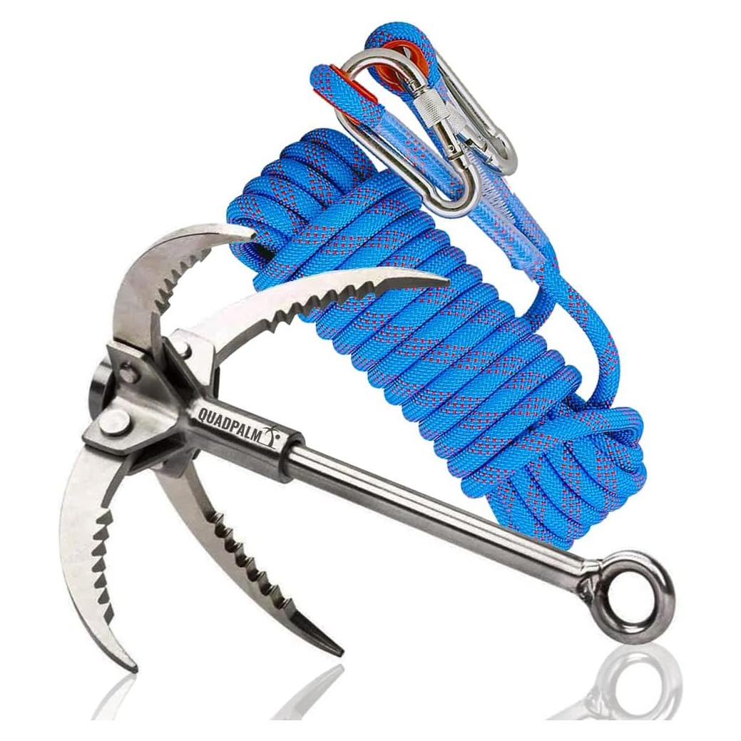 Gancho de Grappling QUADPALM con Cuerda de 10m - Acero Inoxidable