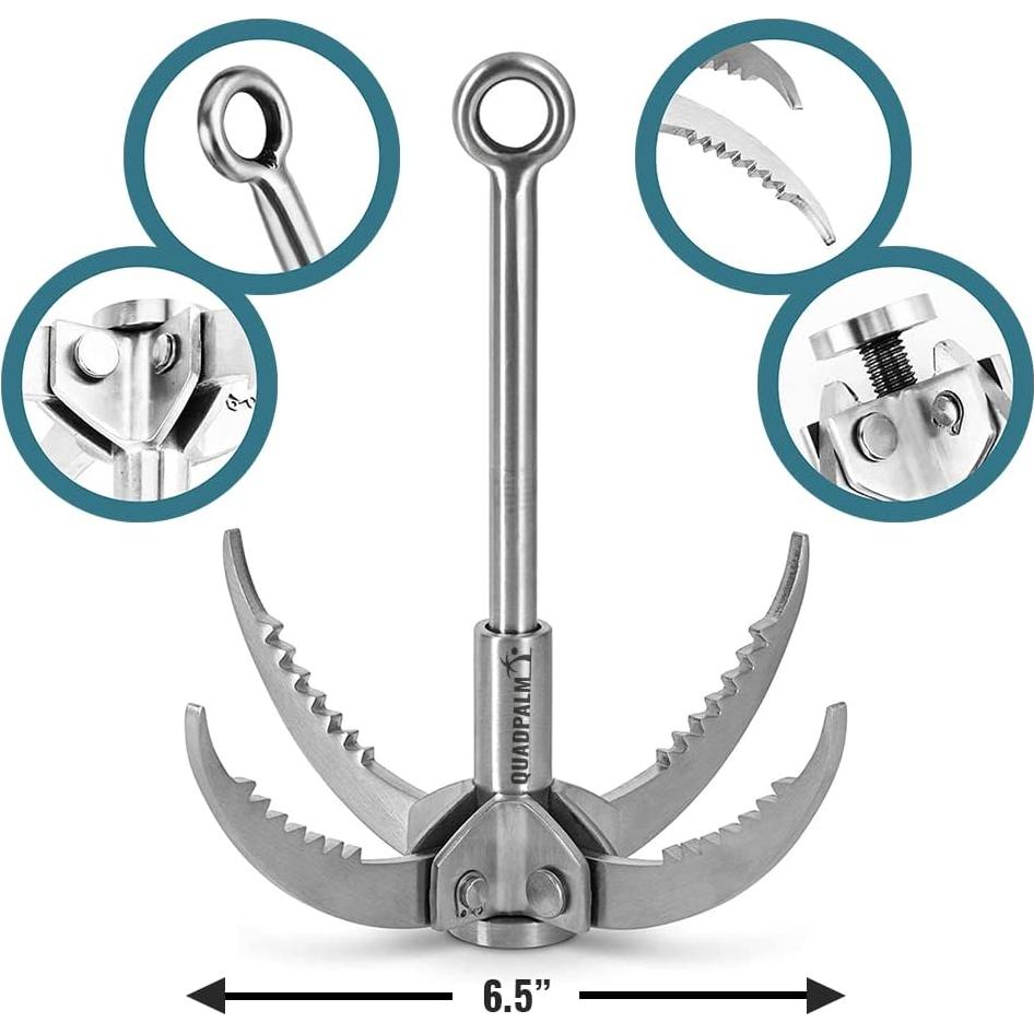 Gancho de Grappling QUADPALM con Cuerda de 10m - Acero Inoxidable
