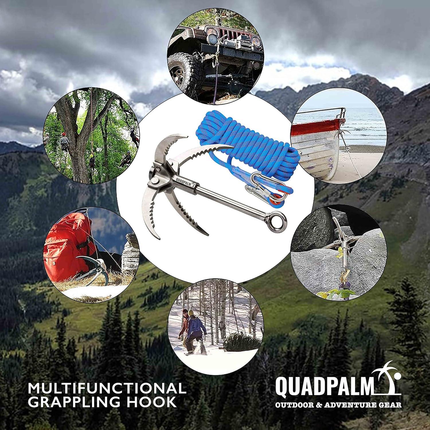 Gancho de Grappling QUADPALM con Cuerda de 10m - Acero Inoxidable
