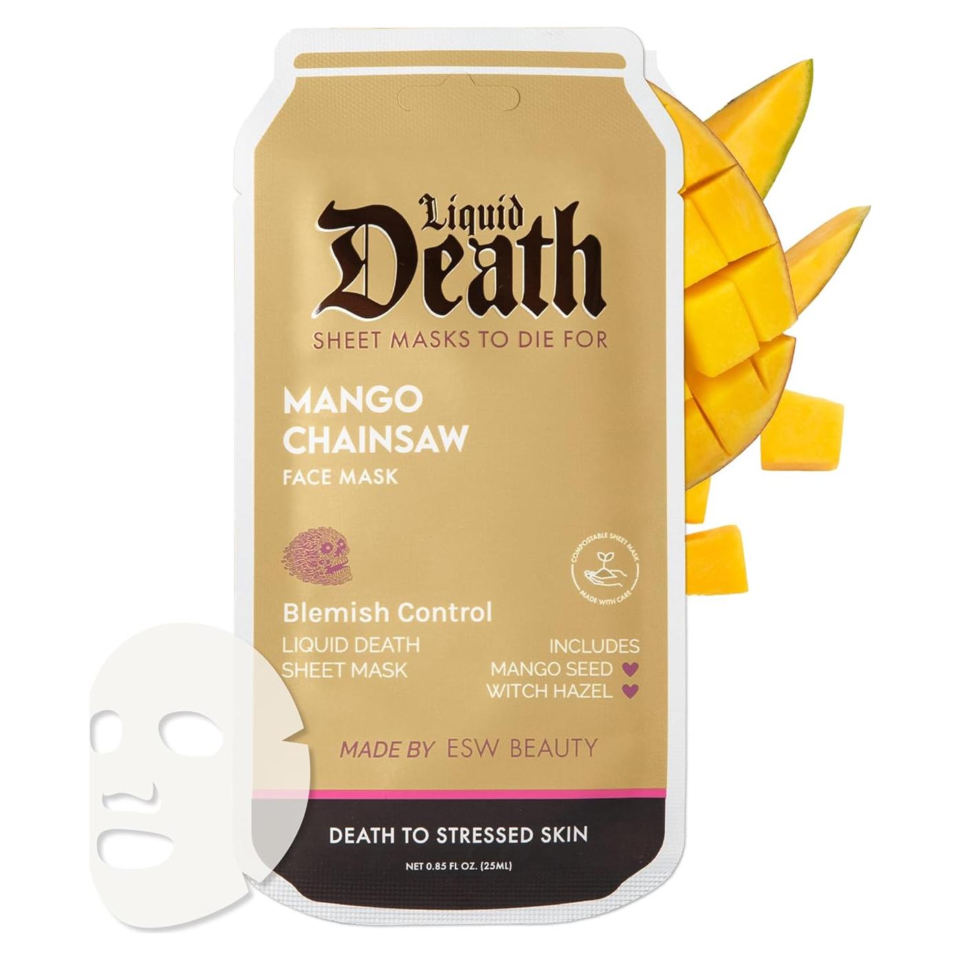 ESW Beauty Liquid Death Limited Edition Mango Chainsaw Face Mask – Blemish Control Sheet Mask with Mango Seed & Tea Tree Extract
