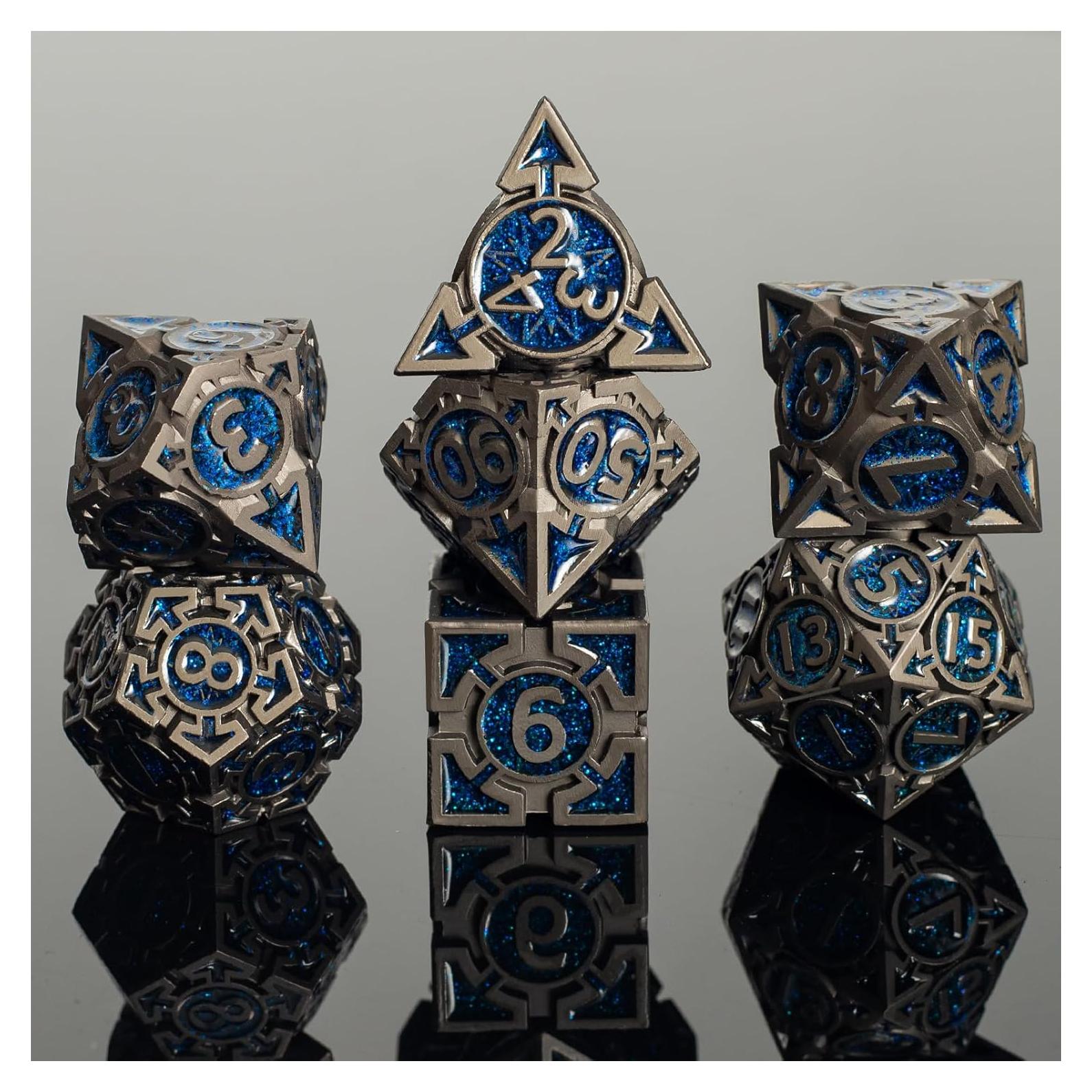 Juego de Dados DND Metálicos Rolledomain 7 Piezas Azul Negro