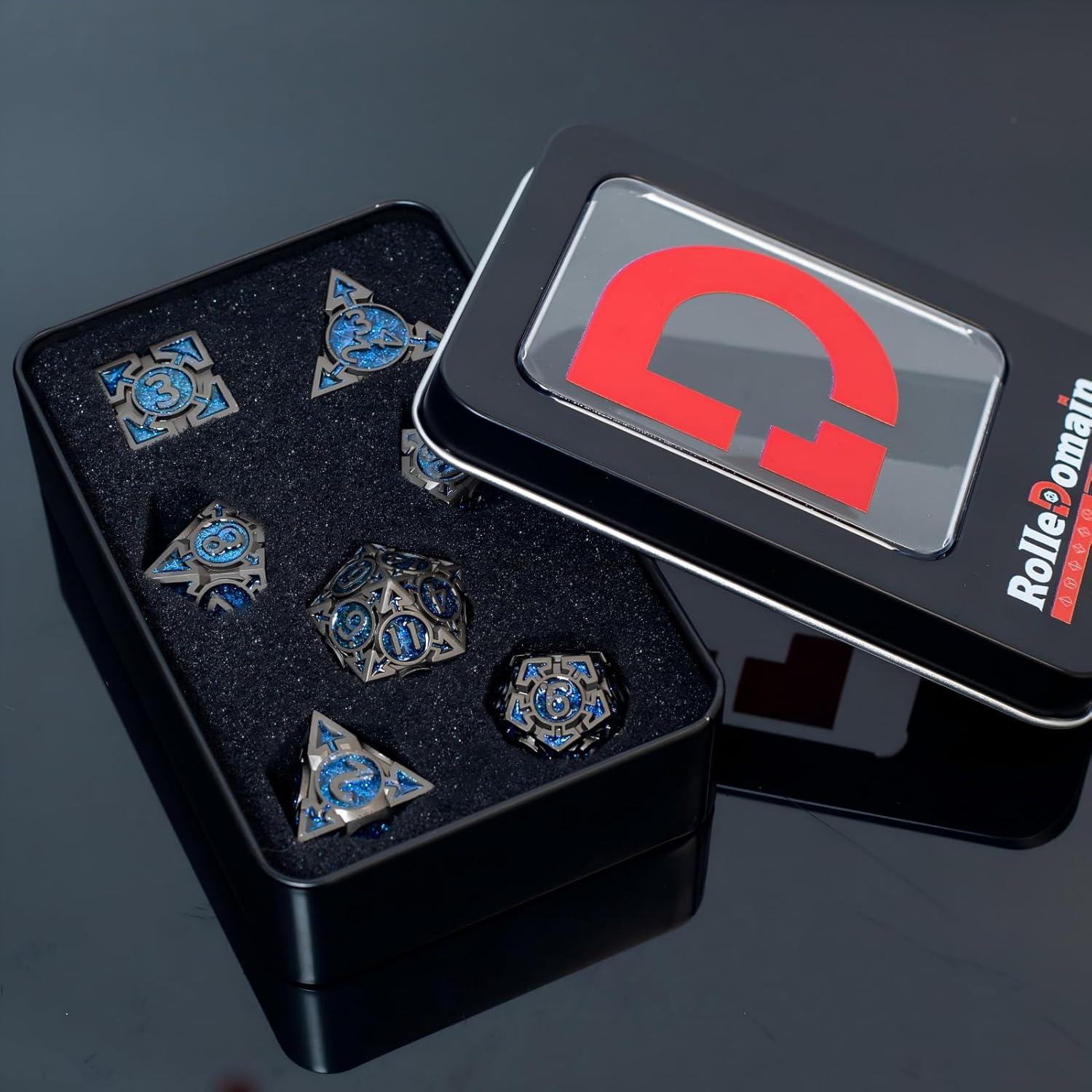 Juego de Dados DND Metálicos Rolledomain 7 Piezas Azul Negro