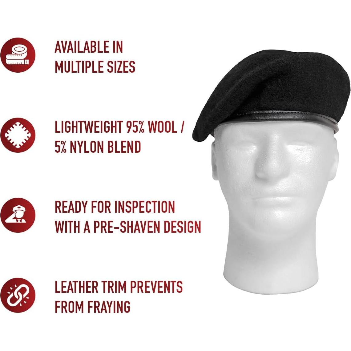 Boina Pre-Afeitada Rothco para Hombres - Lana Negra 16.5 cm