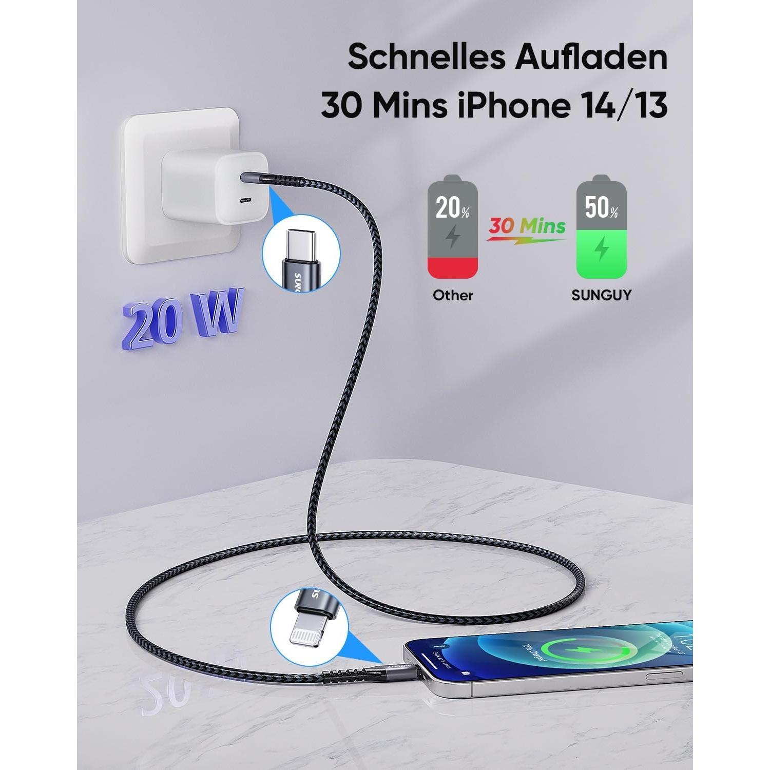 Cable USB-C a Lightning SUNGUY 0.5FT 2-Pack Carga Rápida MFi