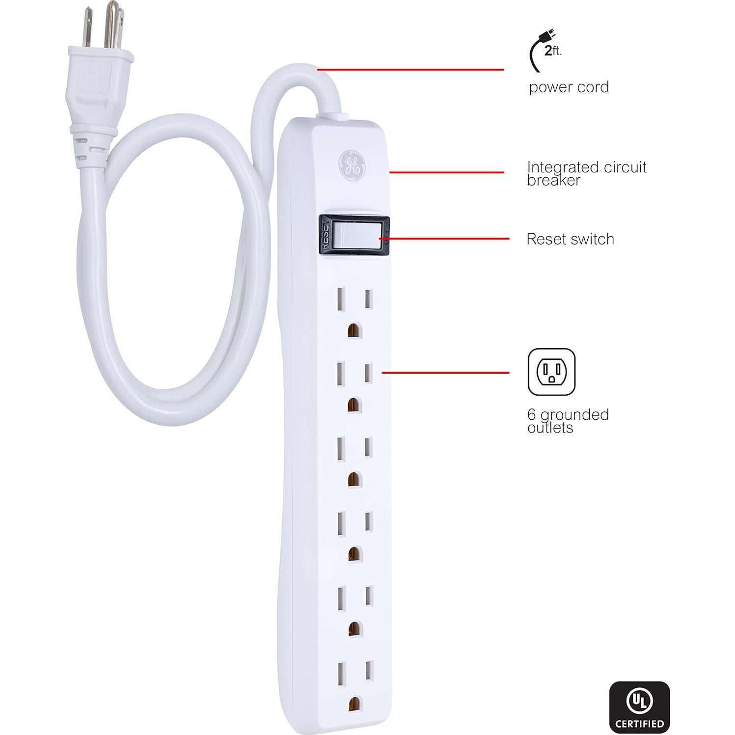 Regleta de 6 Salidas GE 2 Pies con Protección y Montaje en Pared