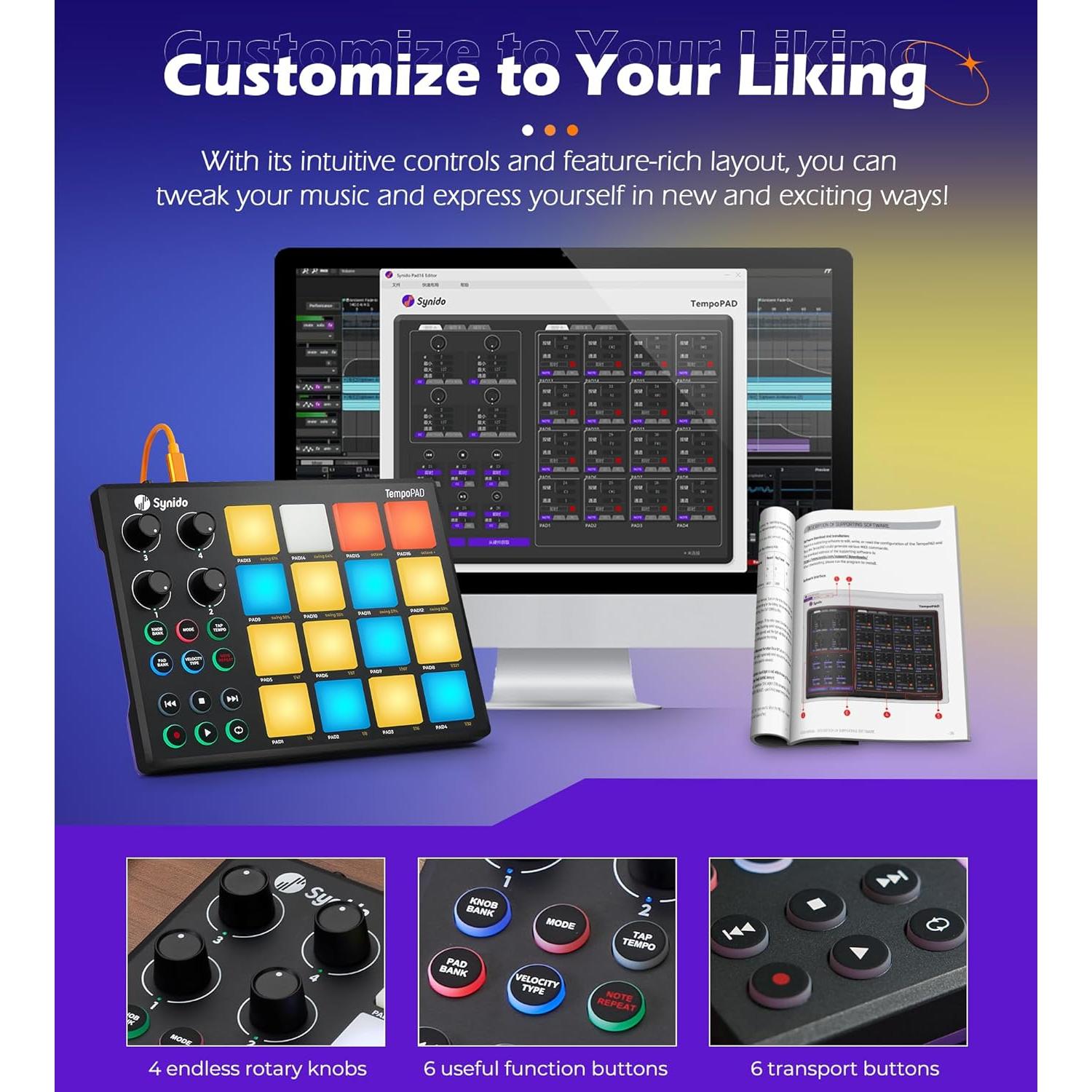 Controlador MIDI Synido TempoPAD 16 Pads Retroiluminados