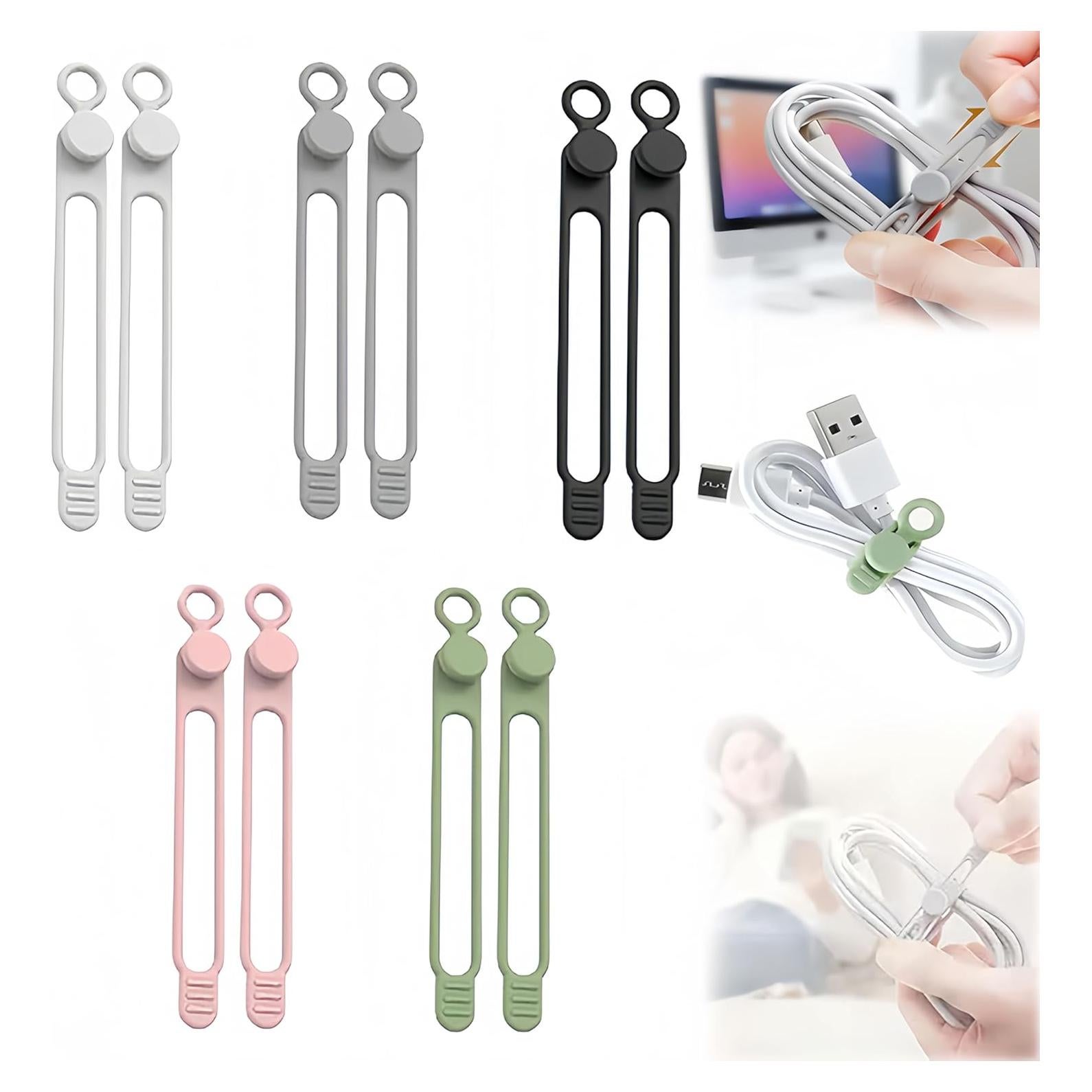 Data Cable Organizer, New Silicone Cable Ties Reusable Cable Management Organizer, 106mm Multipurpose Elastic Cord Organiz for Bundling and Fastening Colorful Wire Organizers (Color 10Pcs)