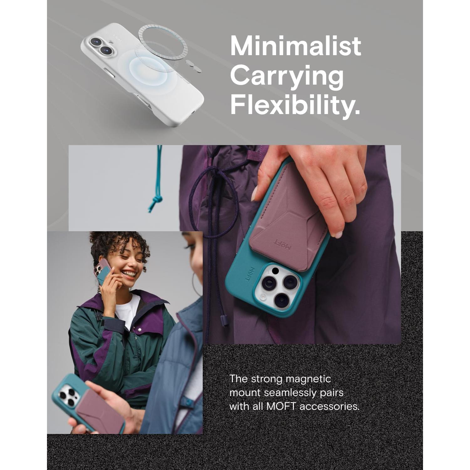 MOFT Snap Case MOVAS™ for iPhone 16 Case, Compatible with MagSafe, Magnetic Premium Vegan Leather Phone Case with Smooth Feeling, Enduring Color Minimalist 6.3 inch Protective Case, BlackBerry