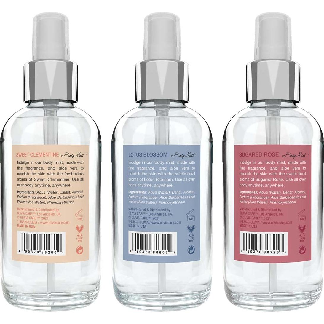 Trío de Bruma Corporal Olivia Care - 3 Aromas: Loto, Rosa, Clementina