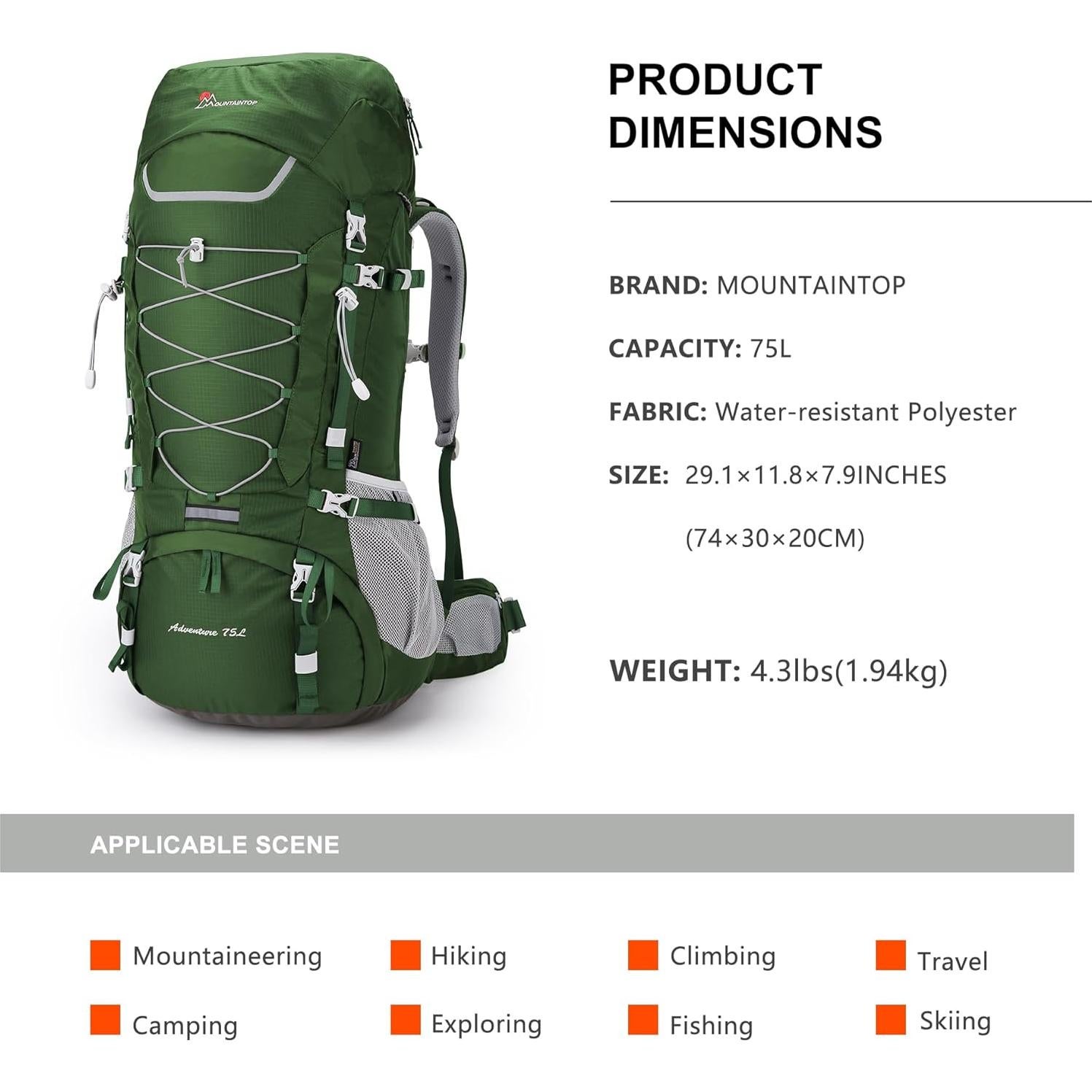 Mochila MOUNTAINTOP 75L con Funda Impermeable Verde