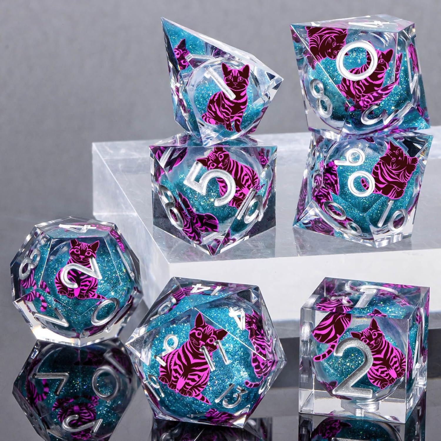 Juego de Dados DND KERWELLSI Gato Azul y Púrpura 7 Piezas