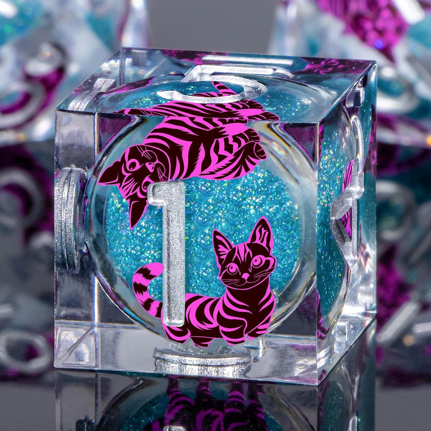 Juego de Dados DND KERWELLSI Gato Azul y Púrpura 7 Piezas