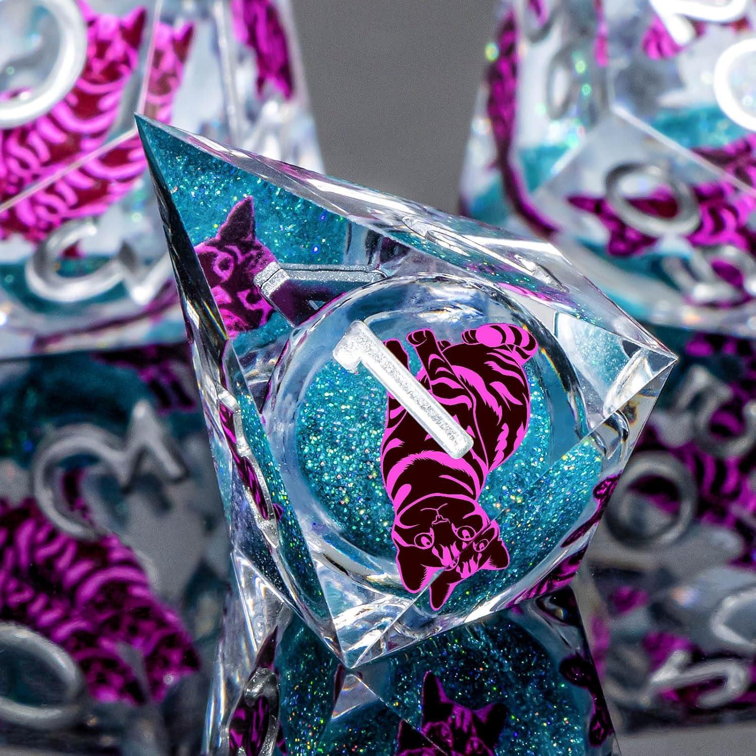 Juego de Dados DND KERWELLSI Gato Azul y Púrpura 7 Piezas